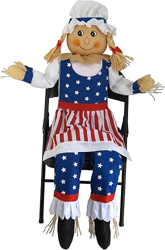 Miniatura 8 de 60" Mrs Tío Sam Espantapájaros Mujer Sentada Americana Decoración Patriótica Otoño