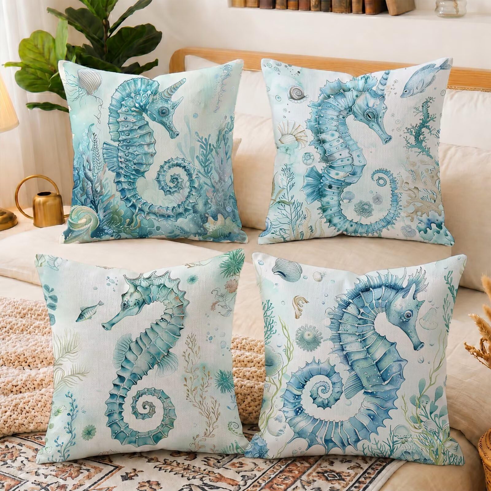 Federe Cuscini Divano 60x60cm Set di 4 Stampa Fronte-Retro Oceano Haima in Lino Copricuscini, Cuscini da Esterno Impermeabili per Soggiorno Camera da Letto Giardino & Arredamento Casa C-O163