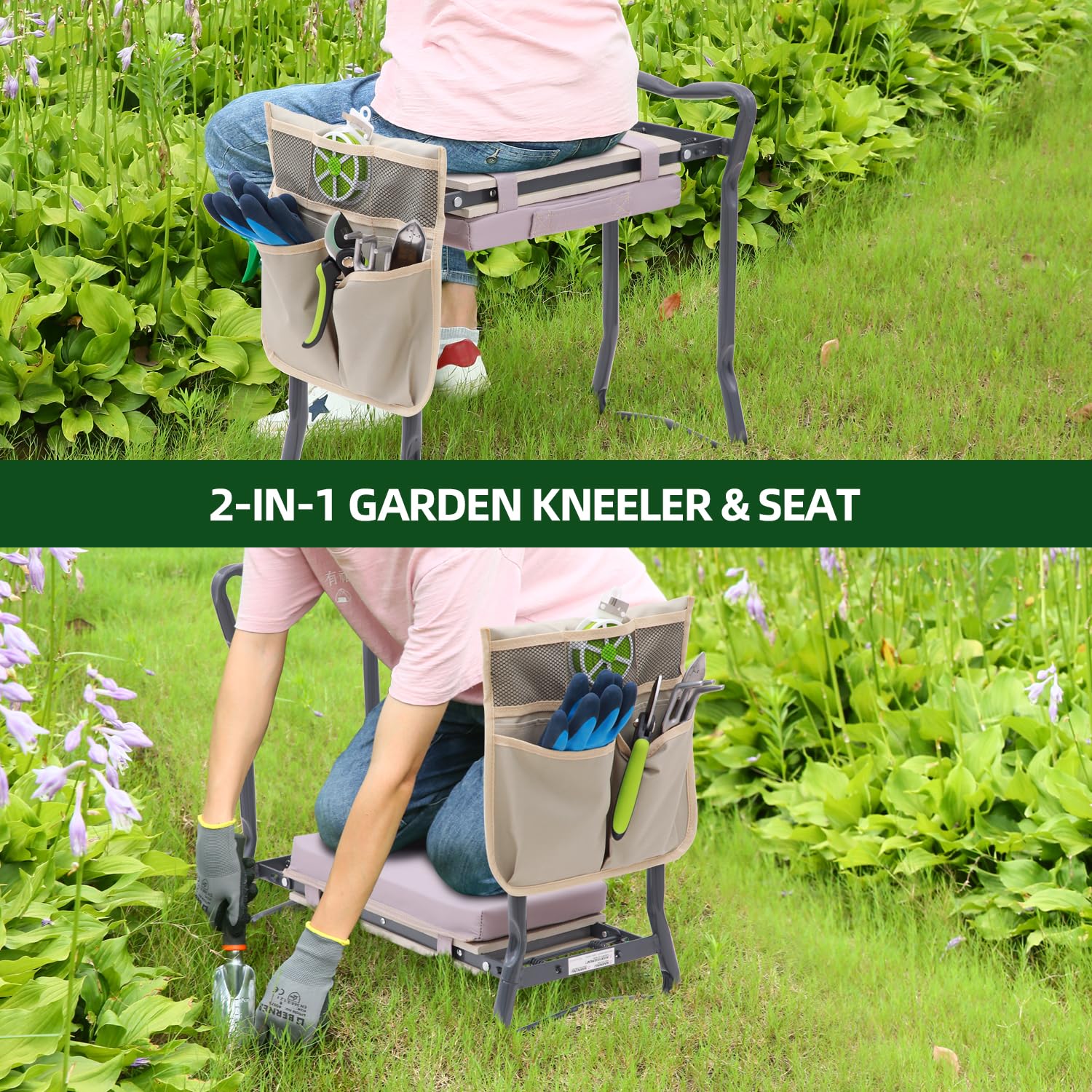 H> Tuin knieler en zitje, opvouwbare tuinkruk, robuuste tuinbank om knie- en rugpijn te voorkomen, geweldige tuincadeaus voor vrouwen, grootouders, senioren, mama en papa