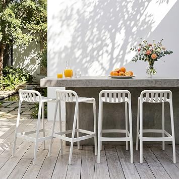 29" Outdoor Plastic Barstool Set of 4 with Back, Weather Resistant Patio Bar Chair, Durable PP Bar Height Stool,No Assembly, Easy Setup for Kitchen Island, Balcony or Bar