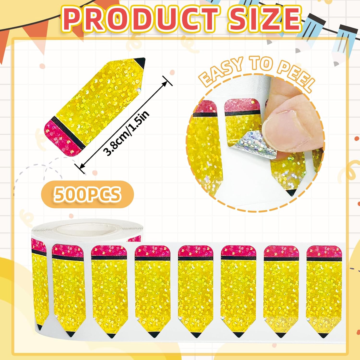 500Pcs Pencil Sticker,1.5in Back to School Stickers,Holographic Waterproof Self-Adhesive Decals for Envelope Scrapbook First Day of School Teacher Reward image 2