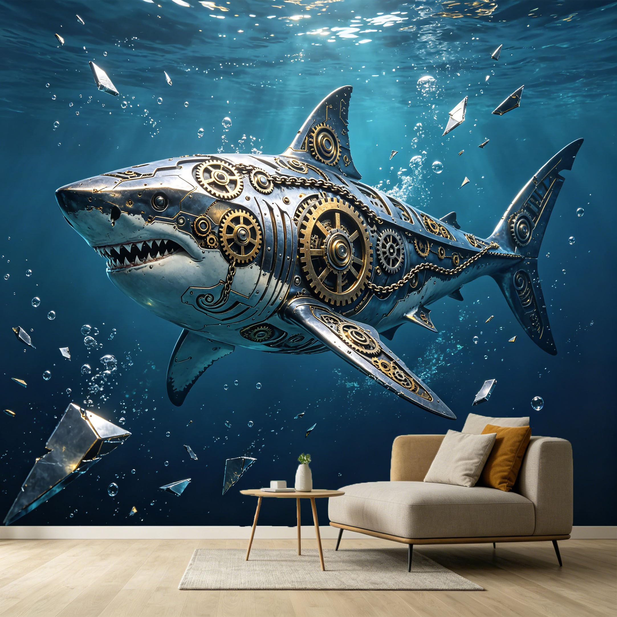 Custom Size Wall Murals Steampunk Shark Ocean Marine Industrial Metal Gears 3D Trompe L'Oeil SelfAdhesive Wall Fabric Removable Large Wallpaper for Photo Living Room