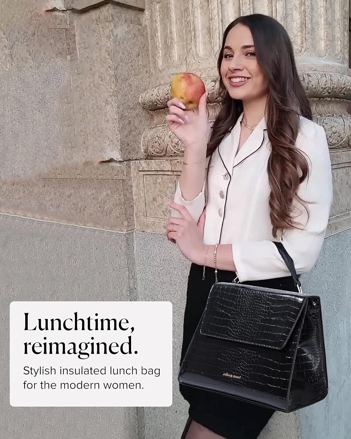 BEAUTYGOODIES - Large Insulated Lunch Bag, Black Croc Purse and Bag for Work, Lunch and Picnics. Designer Croc with Vegan Leather, Classy, Insulated Lunch Tote Bag for Women. Cute and a Great Gift ! - Image 2