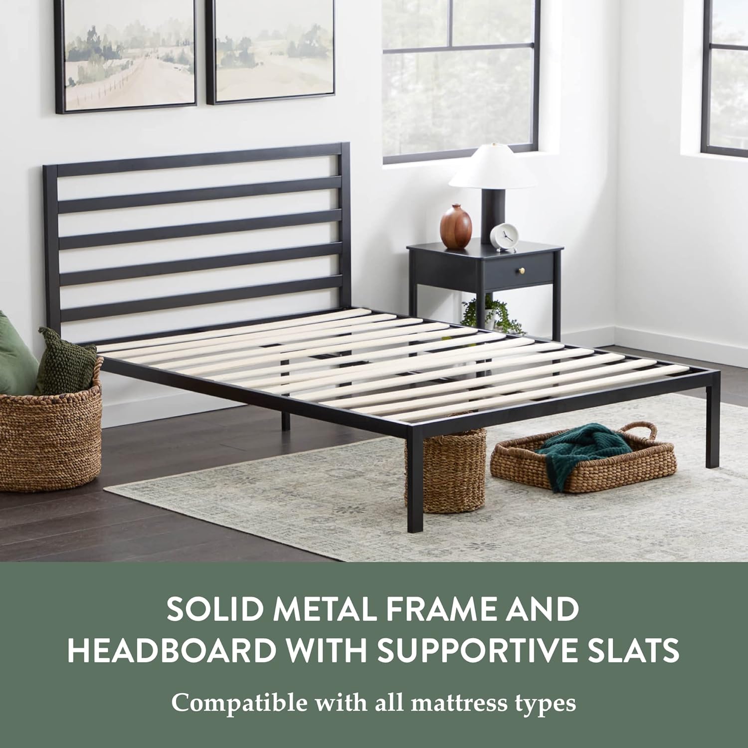 Edenbrook Cassidy Metal Platform Bed Frame with Metal Headboard - Box Spring Not Required - Wood Slat Support,Black,Twin