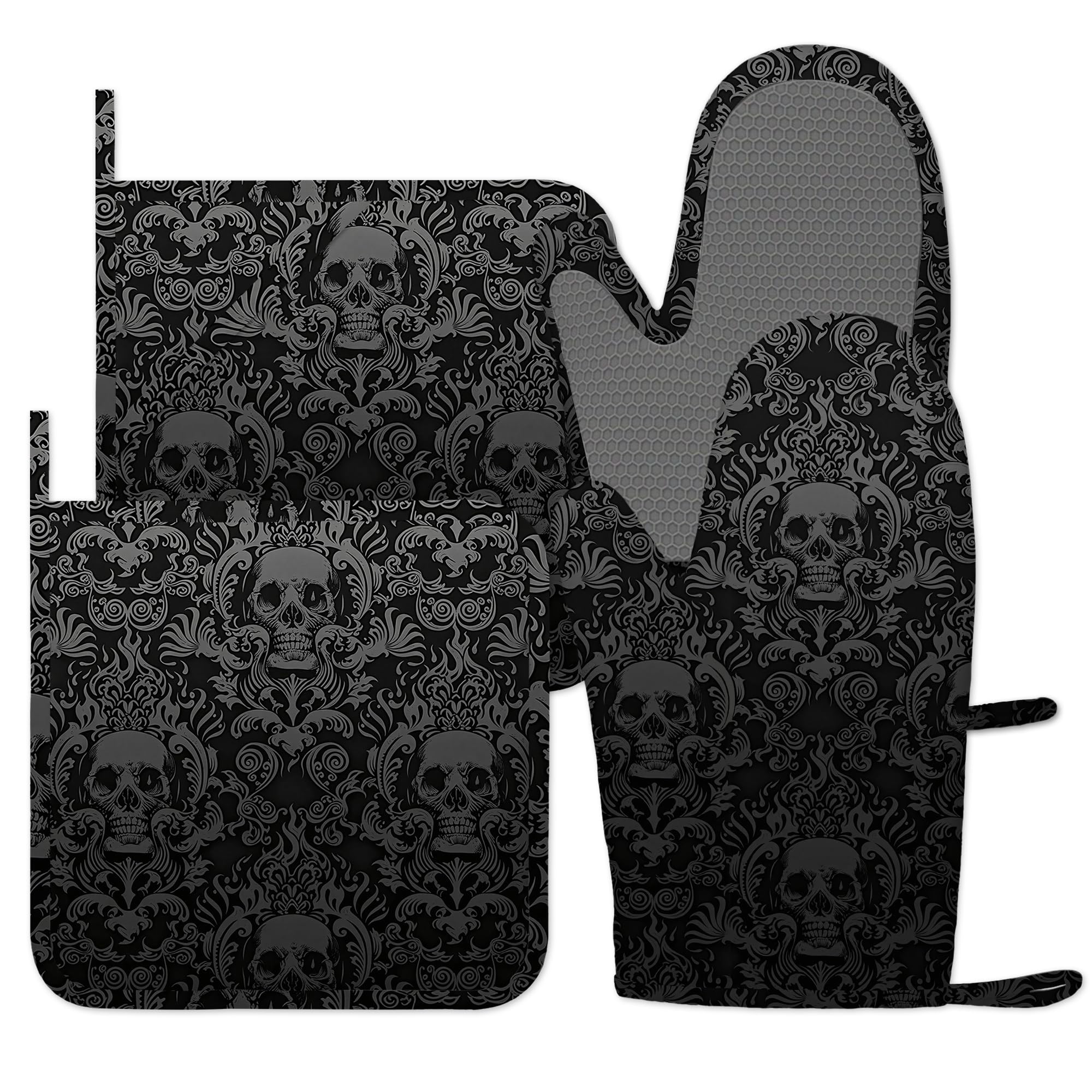 Black Skull Oven Gloves Silicone Oven Mitts and Pot Holders Sets of 4, Vintage Kitchen Gloves Hot Holders for Kitchen Baking Cooking Housewarming Gifts