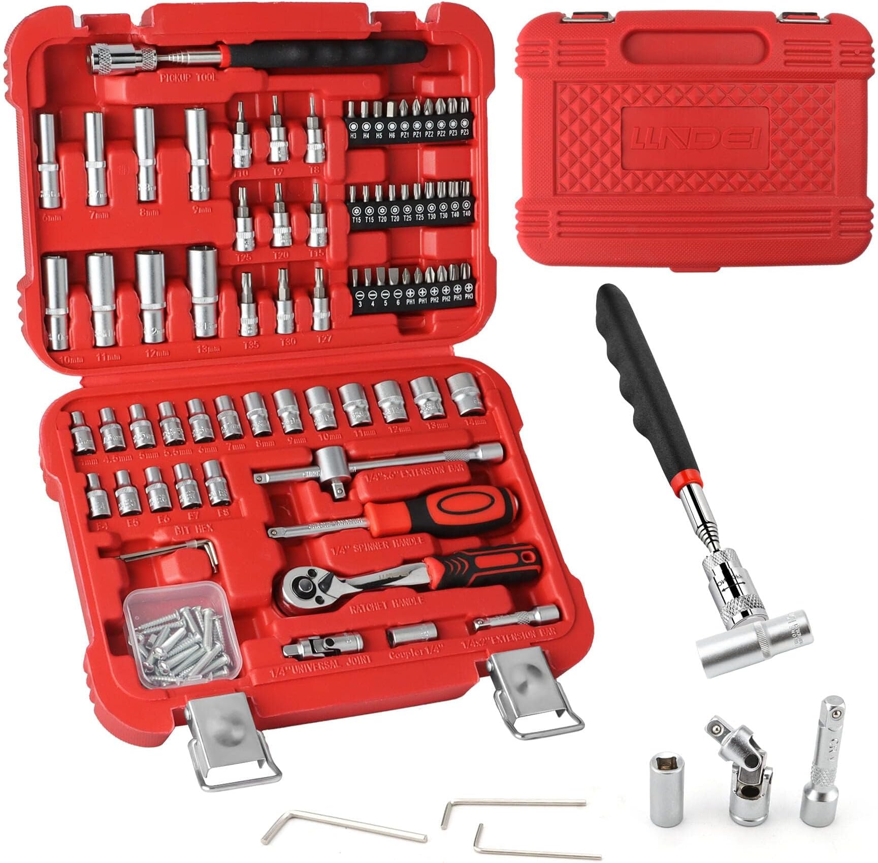 106PCS 1/4-inch Drive Socket Set with Wrench, CR-V Steel Kit, Ratchet Handle, Screwdriver Bit Set & Magnetic Pickup Tool, With 11x8x2.5-inch Carrying Case