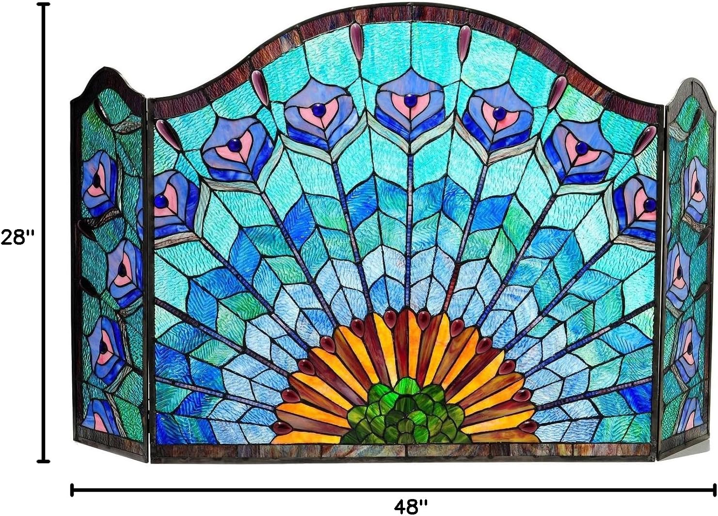 Tiffany-Glass 3pcs Folding Peacock Fireplace Screen 48" Wide