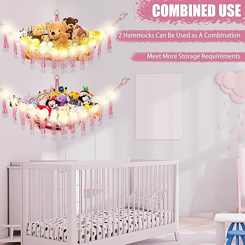 Miniatura 8 de Stuffed Animal Hammock with LED Light, Large Stuffed Animals Storage Corner Plushie Net for Kids Room Decor, Pink Rosado