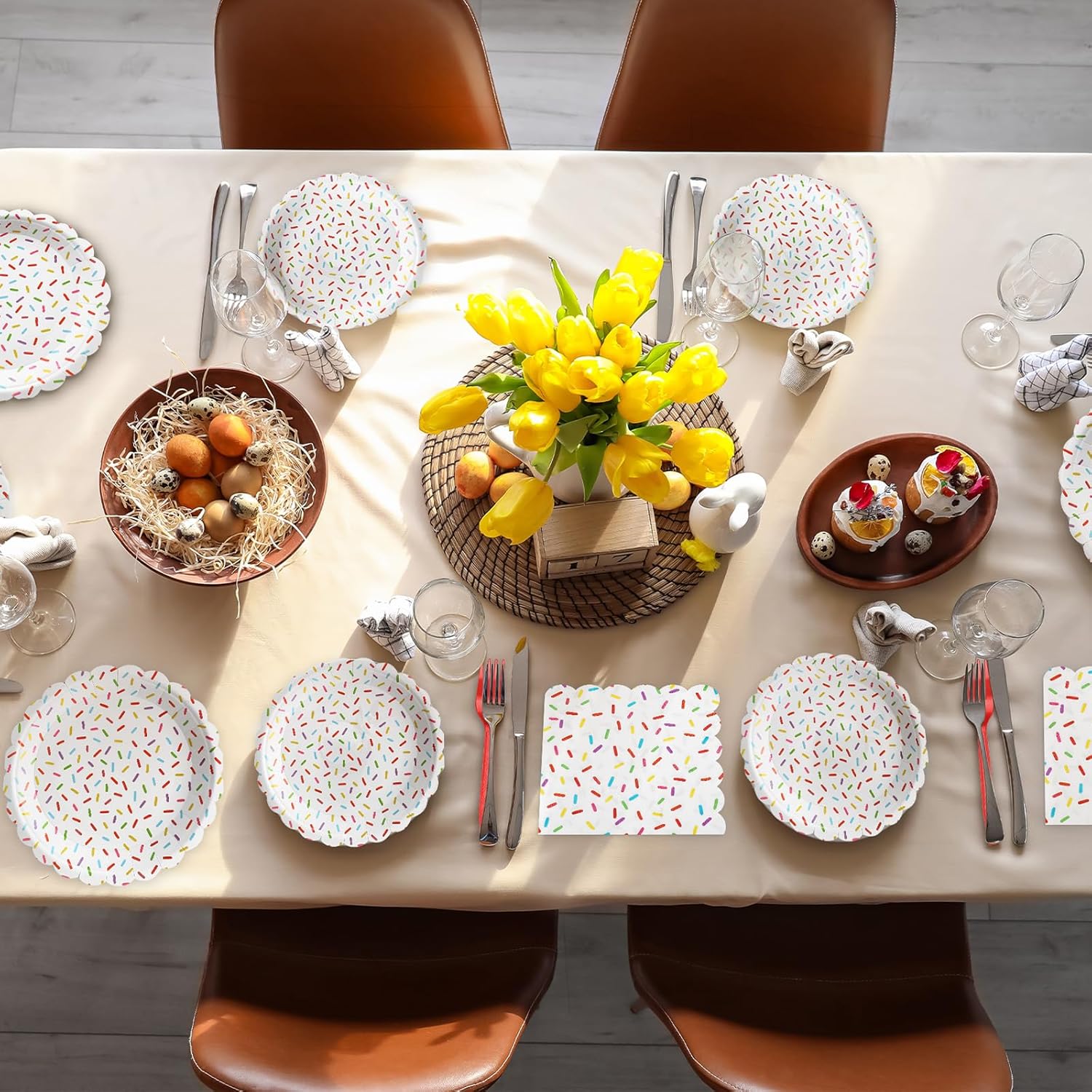 Newtay 96 Pcs Donut Plates and Napkins Party Supplies Include Sprinkles Paper Plates, 2 Ply Cocktail Napkins, Plastic Forks Disposable Tableware for Baby Shower Birthday Party for 24 Guest (Scalloped)