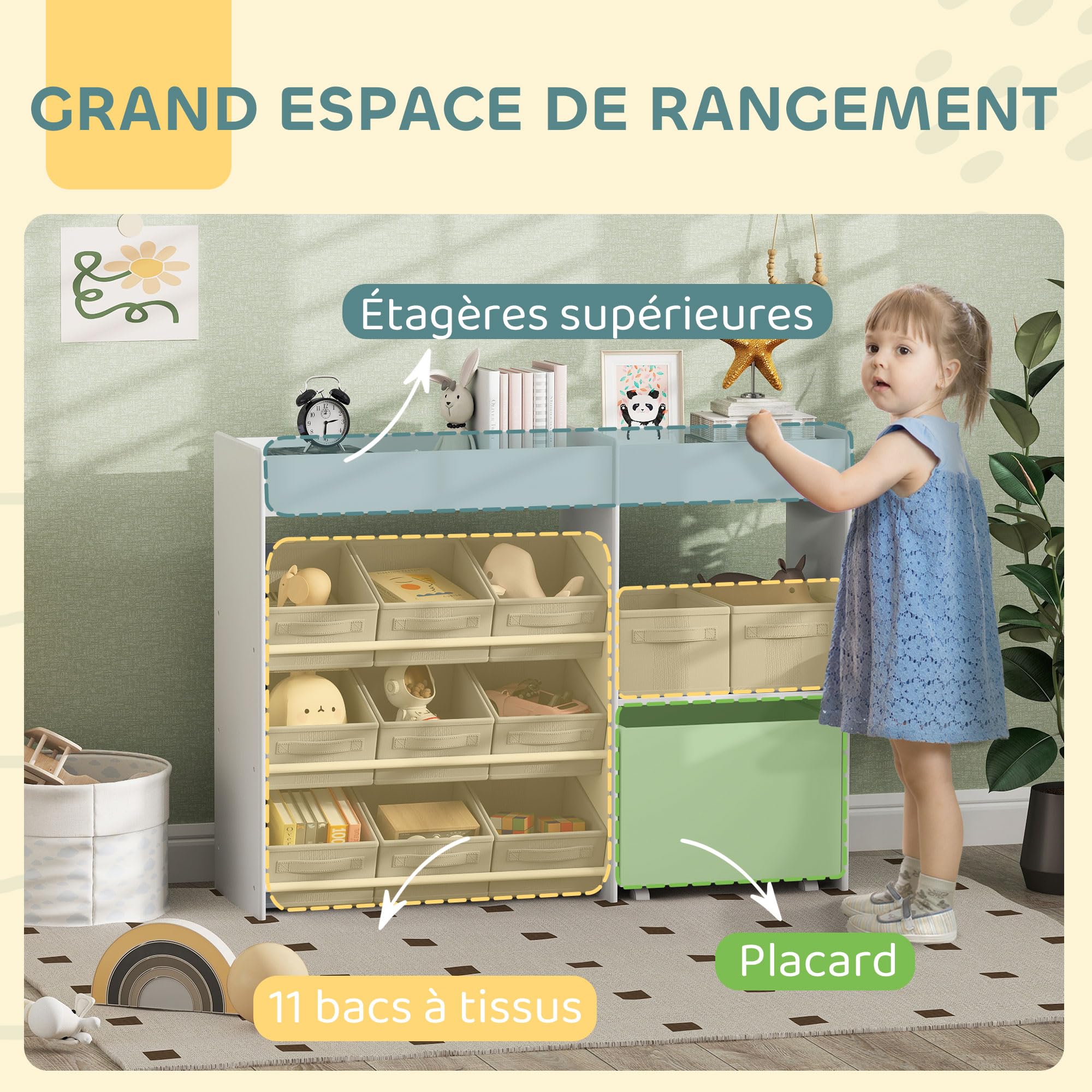 AIYAPLAY Étagère de Rangement Enfant pour Jouets et Livres, avec 11 bacs de rangements en Tissu Non tissé et Un Cabinet sur roulettes, pour Chambre, Salon, Salle de Jeu, 105x30x80cm, Blanc