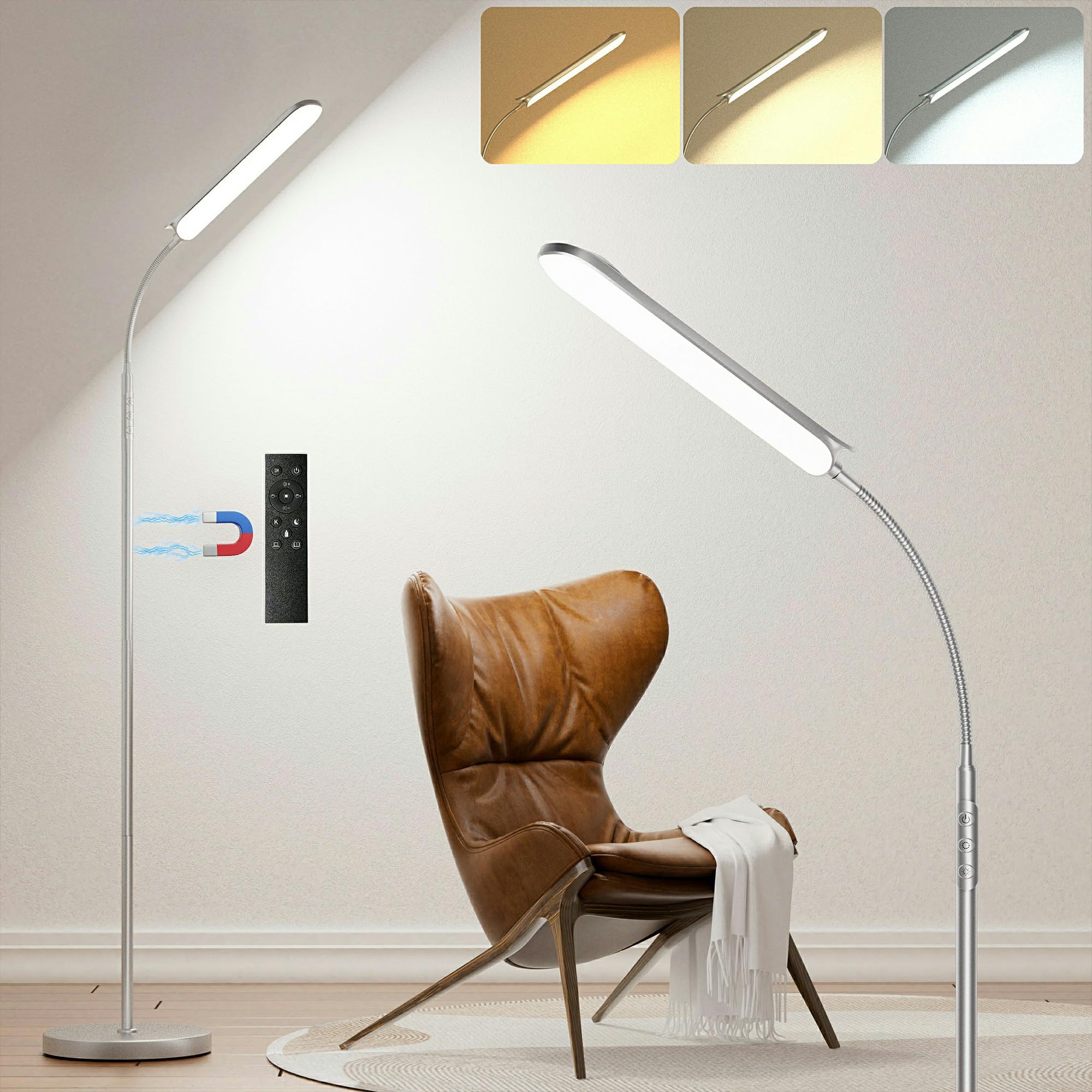 Yikuneng Gray LED Floor Lamp 18W 1800LM, Dimmable Floor Lamps for Living Room with Remote & Touch Button, Custom Color Temperatures, Reading Standing Lamp for Bedroom with Timer & Memory Function