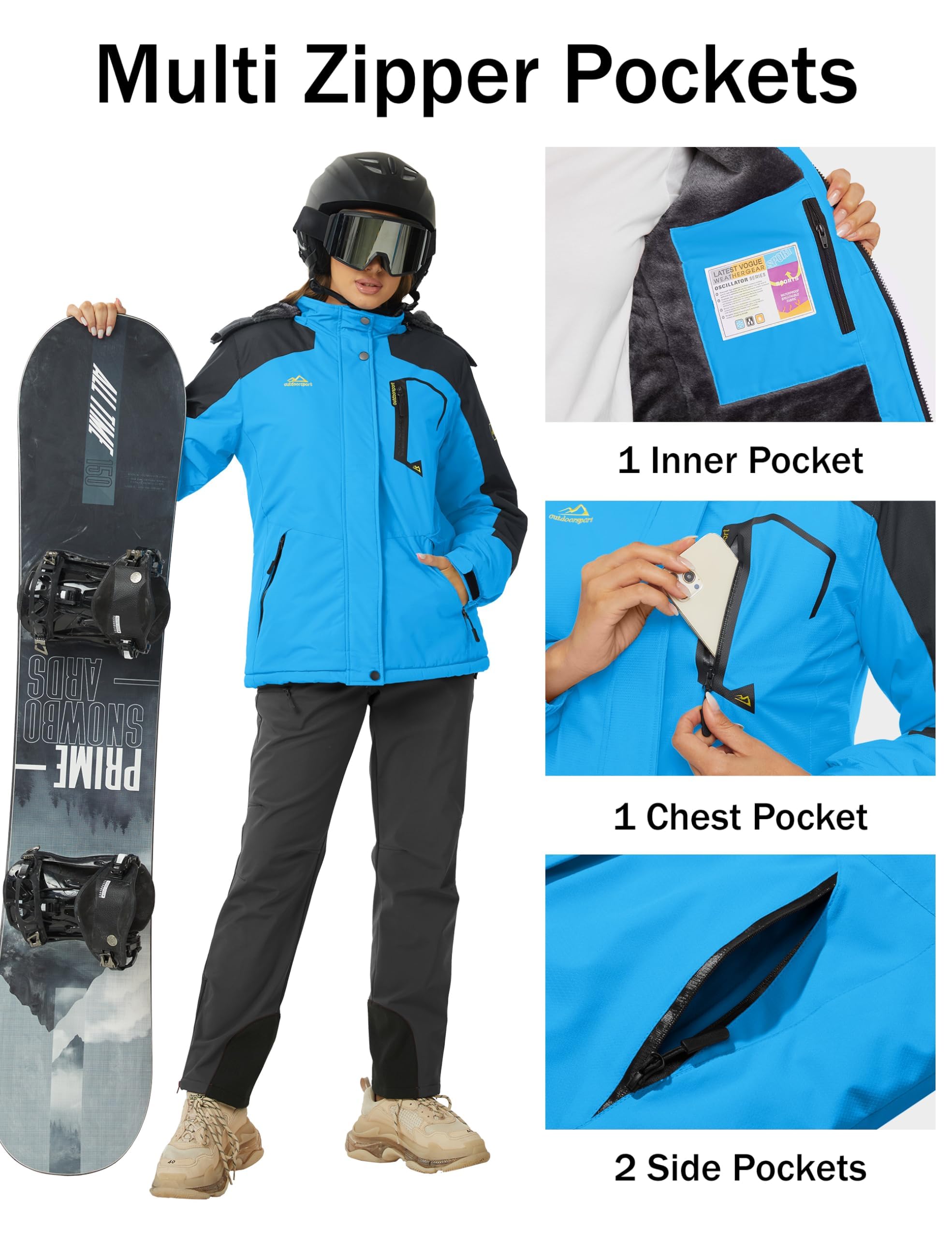 MAGCOMSEN Vestes imperméables pour femme - Manteaux chauds d'hiver - Pour randonnée, camping - Avec poches zippées