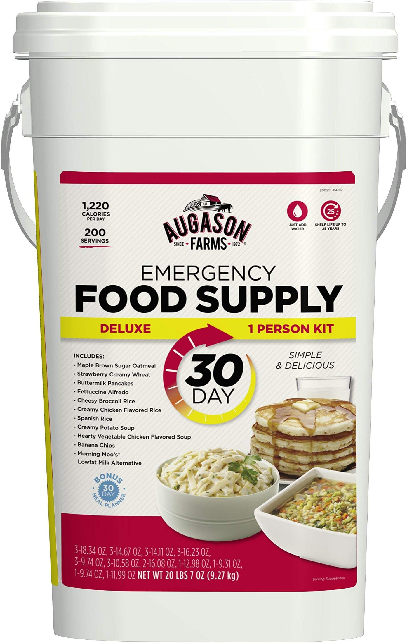 Augason Farms 5-20091 Deluxe Emergency 30-Day Food Supply (1 Person), 200 Servings, 36,600 Calories, Net Weight 20 lbs. 7 oz.