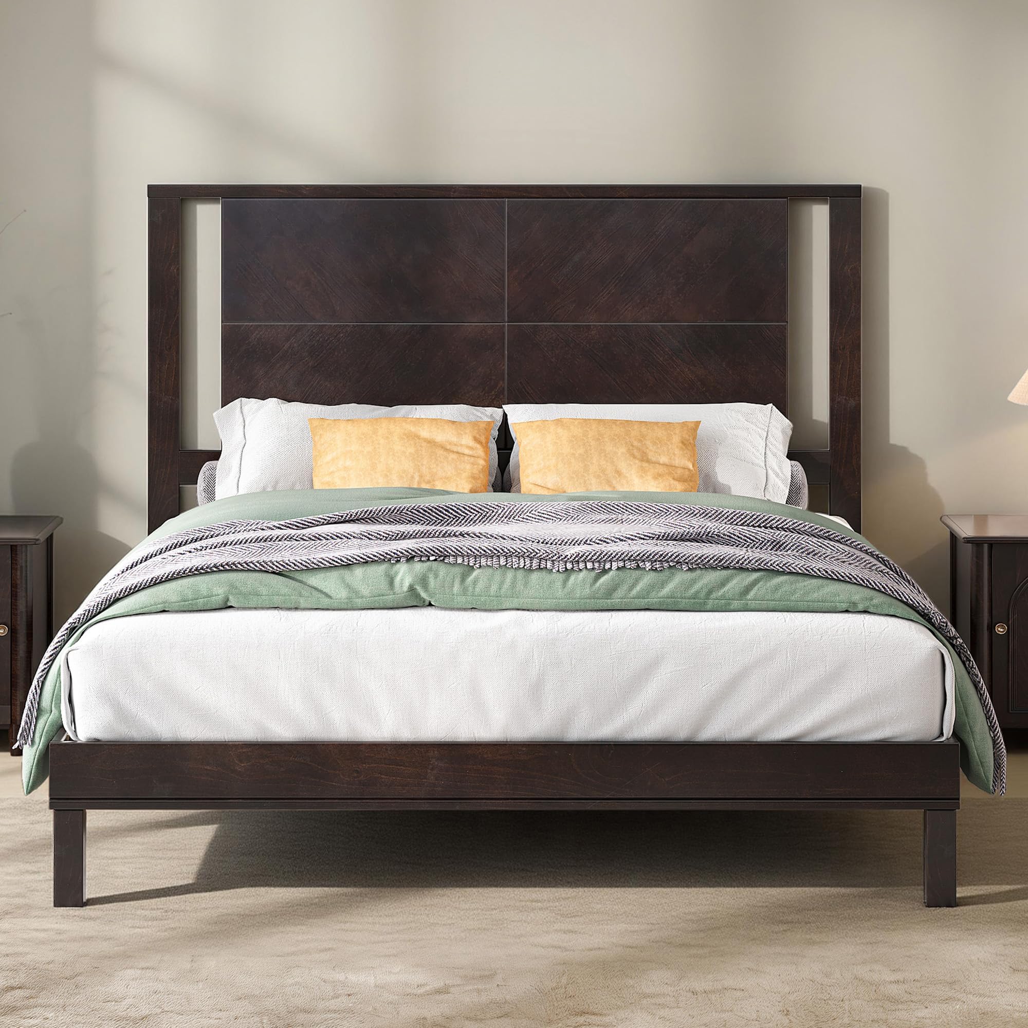 AMERLIFE Solid Wood King Size Bed Frame with Headboard, Mid Century Modern Style Platform Bed with Under-Bed Storage, No Box Spring Needed, Noise Free, Easy Assembly, Dark Brown