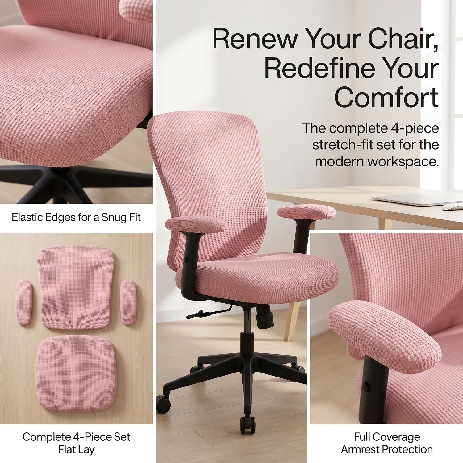 Operitacx 1 Set Office Computer Chair Cover for Executive - Stretchable Cat Proof Protector - Elastic Swivel Chair Protector for Seat, Arm Rest and Backrest (Pink)