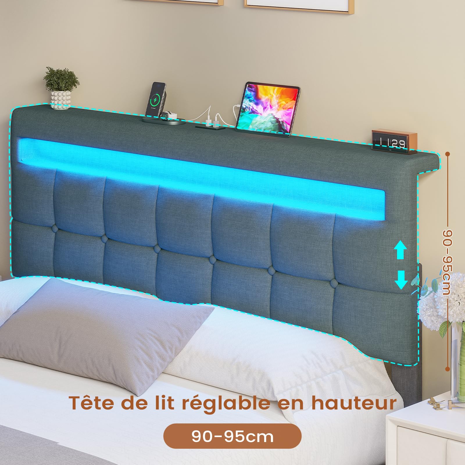 AOGLLATI Lit Coffre 140×190 cm avec LED et Ports USB, Lit Double Rembourré avec Rangement hydraulique, tête de lit réglable en Hauteur, Sommier à Lattes, Facile à Assembler, Gris Foncé（sans Matela）