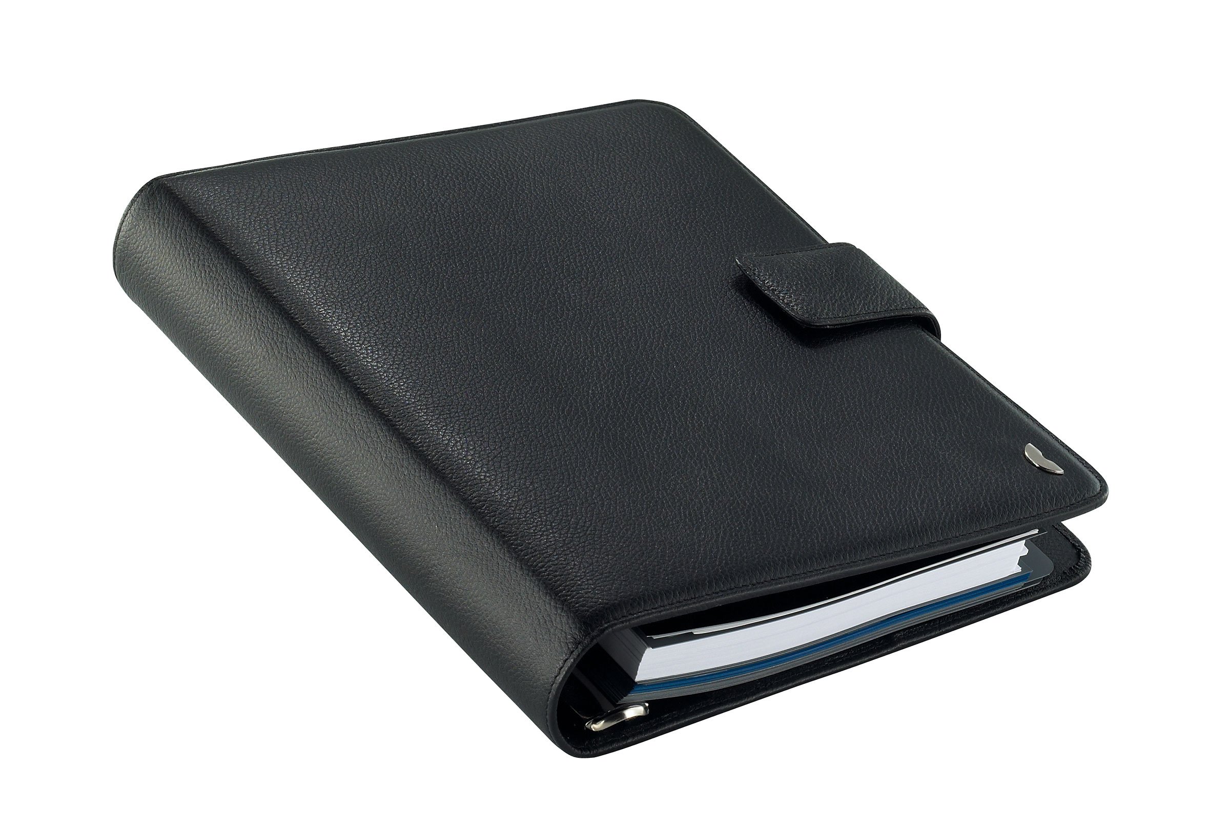 Chronoplan 50101 nachfüllbarer Terminplaner / Organizer / Terminkalender Mappe aus Premium Rindnappaleder (Format A5 (220 x 240 mm) mit Lasche, Ringbuch, ohne Kalendarium) schwarz