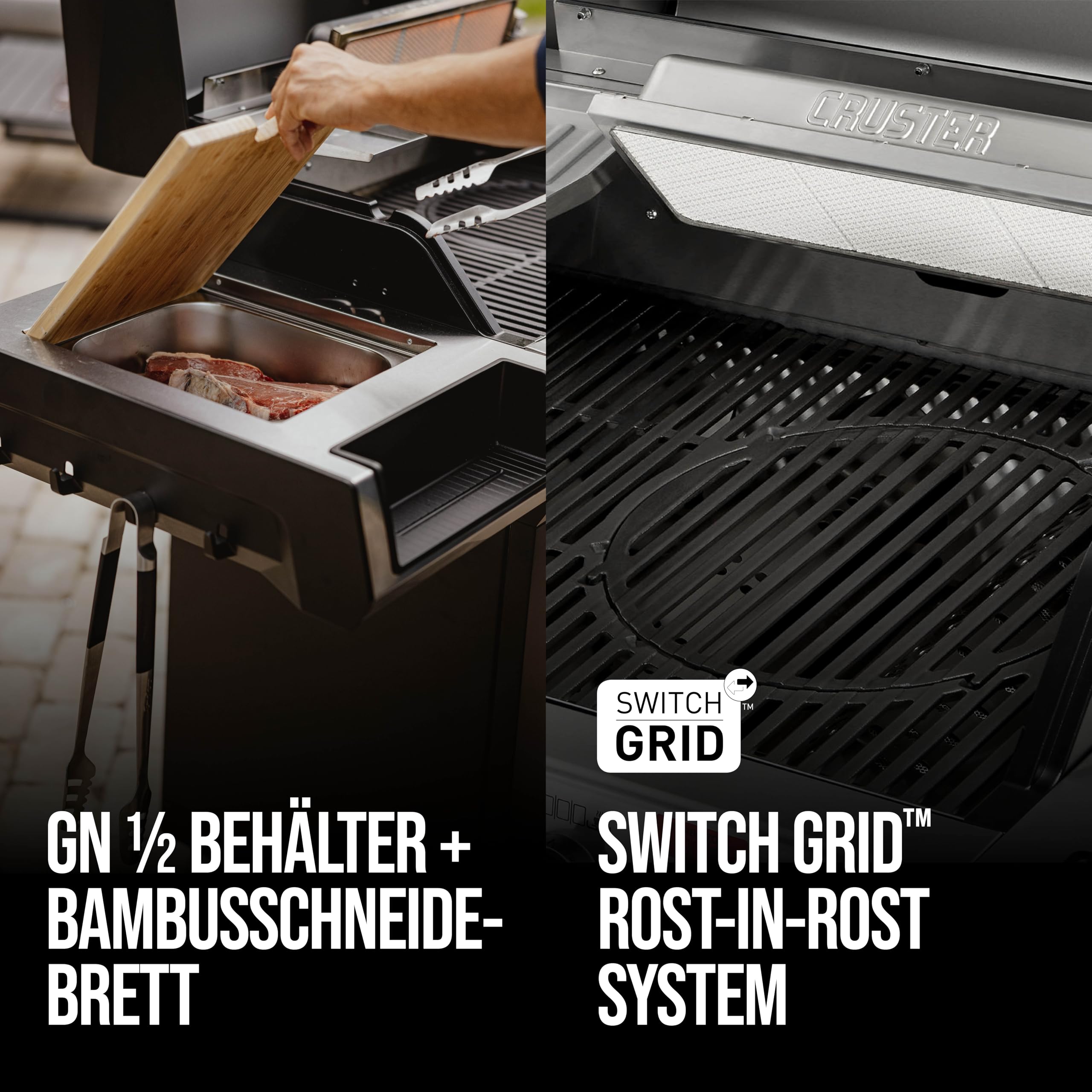 Enders® Gasgrill UNIQ 4 IK CRUSTER®, 4-Edelstahlbrenner, mehrstufige Drehregler, 800 °C TURBO ZONE™, SWITCH GRID™, HEAT RANGE™, SIMPLE CLEAN™, doppelwandige Garhaube, GN ½ Container, Bambusbrett #8702