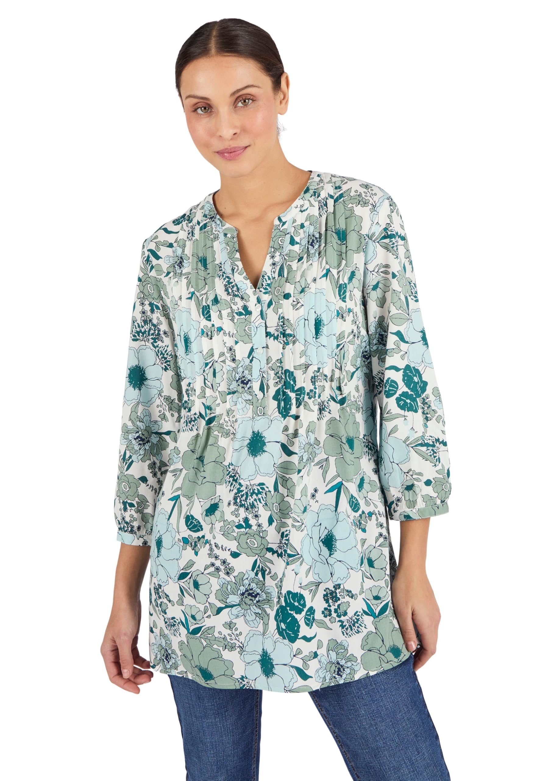 Damart Green Viscose Tunic - Floral Print - 3/4 Sleeves - Tunisian Collar - Size 14