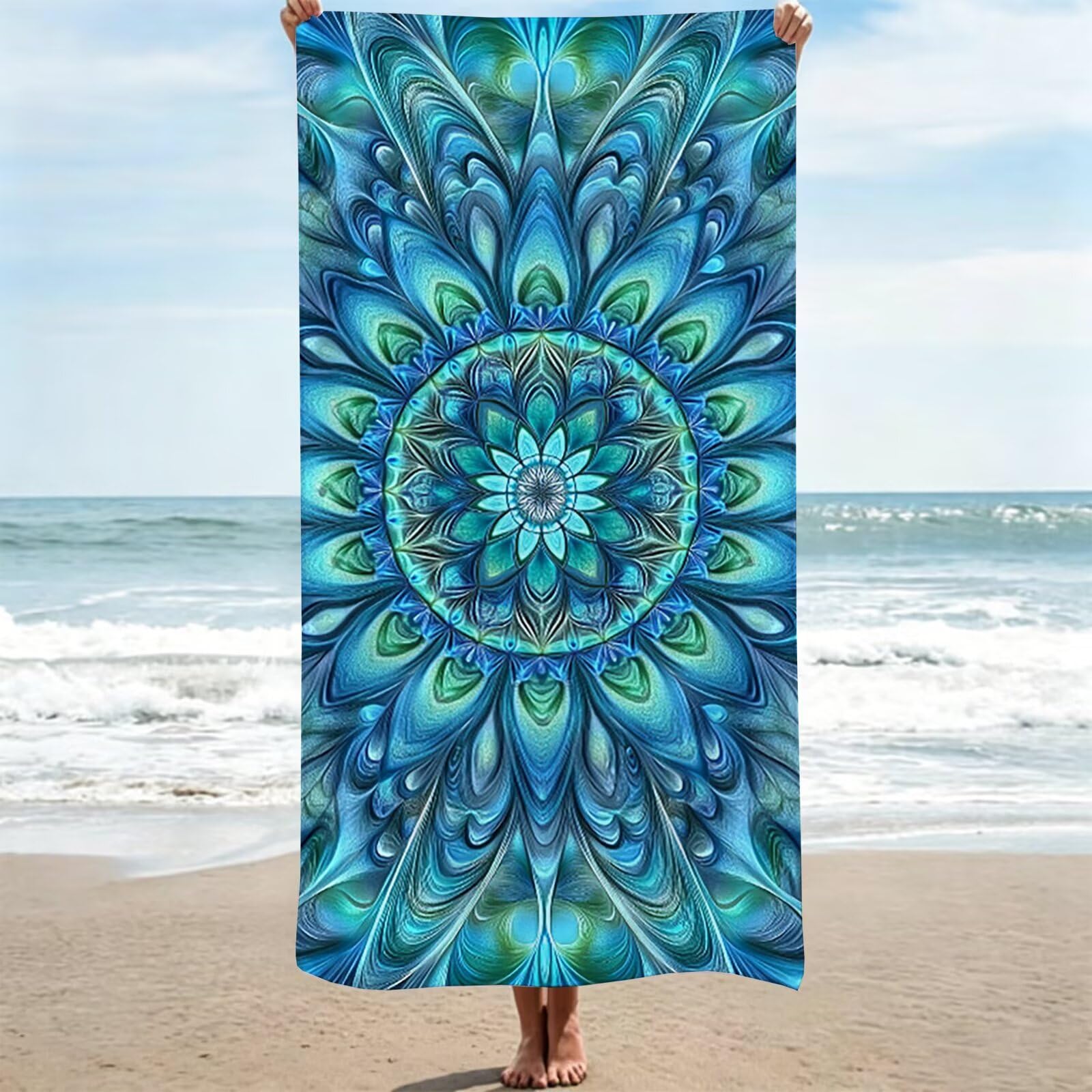 Serviette de plage 100x200 cm bleue | Grand drap de bain mandala anti-sable