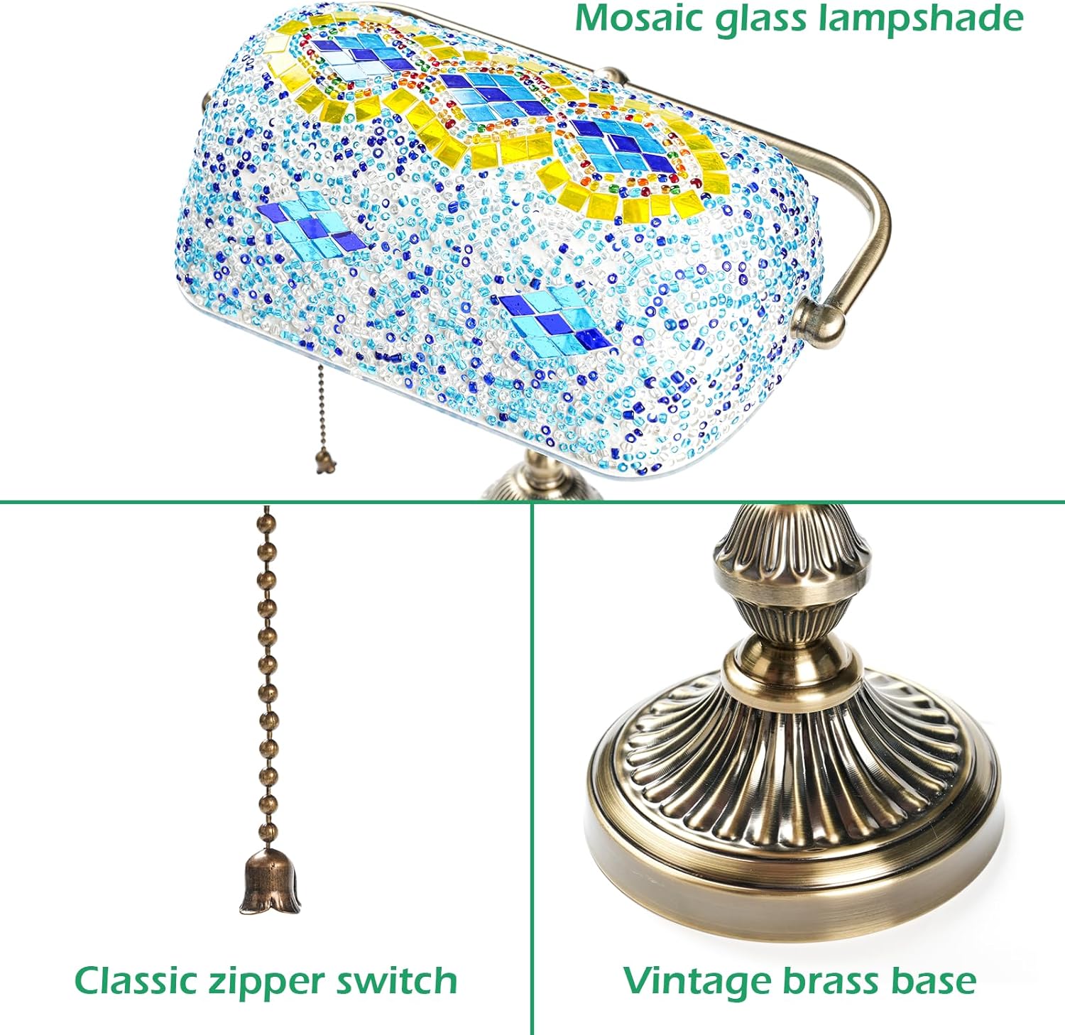 Glass Bankers Desk Lamp, Turkish Mosaic Lamp, Vintage Table Lamp with Brass Base, Classic Desk Light for Office & Study, E26 Bulb Compatible