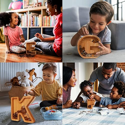 Miniatura 6 de Alcancía de madera con letras personalizadas, alcancía del alfabeto para niños, tanque de almacenamiento de letras del alfabeto, banco de monedas,
