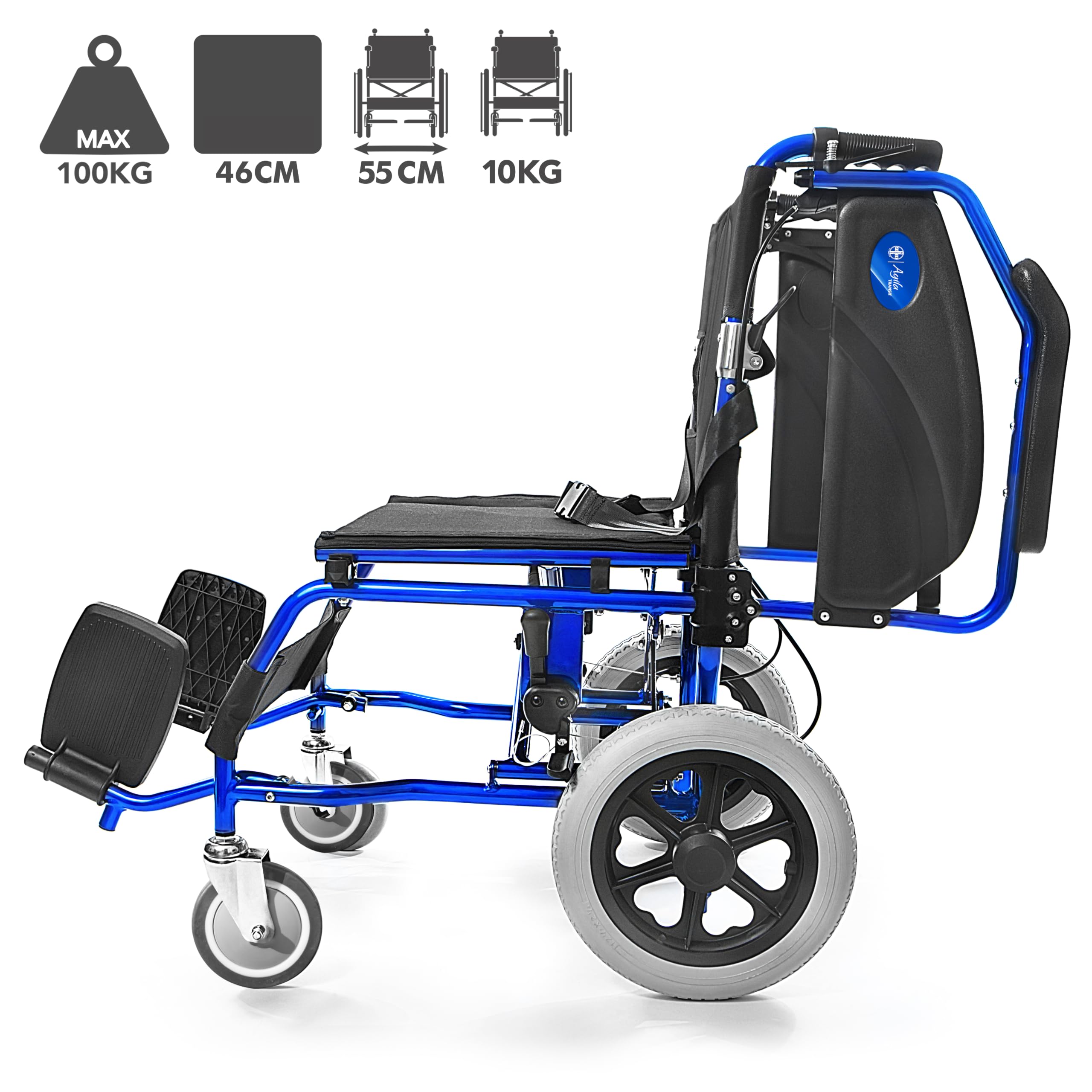 AIESI® Silla de Ruedas plegable Ultra-ligera de aluminio con freno para discapacitados y mayores AGILA TRANSIT, Doble sistema de frenado, Cinturon de seguridad, Garantía de 24 meses
