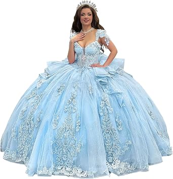 Lace Applique Quinceanera Dresses Cap Sleeves Beaded Sweet 15 Dress with Tassel Tiered Ball Gown with 3D Floral