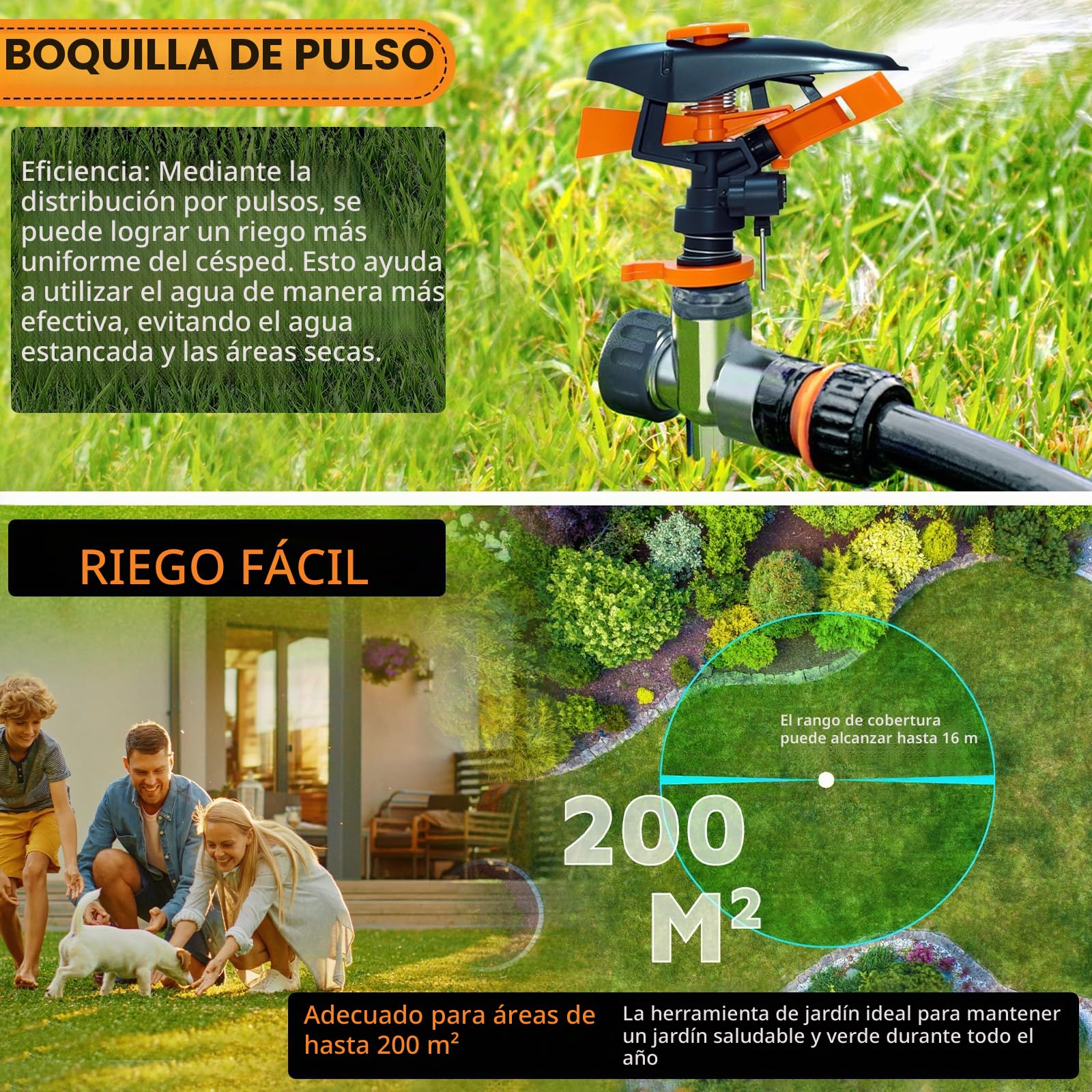 2 Pcs Aspersores de Riego Cesped Giratorio, dellyy Riego Jardin, Aspersores Tejado, Riego por Pulso, Aspersor Sectorial 3/4, Jardin Sectorial para Plantas Flores Verduras