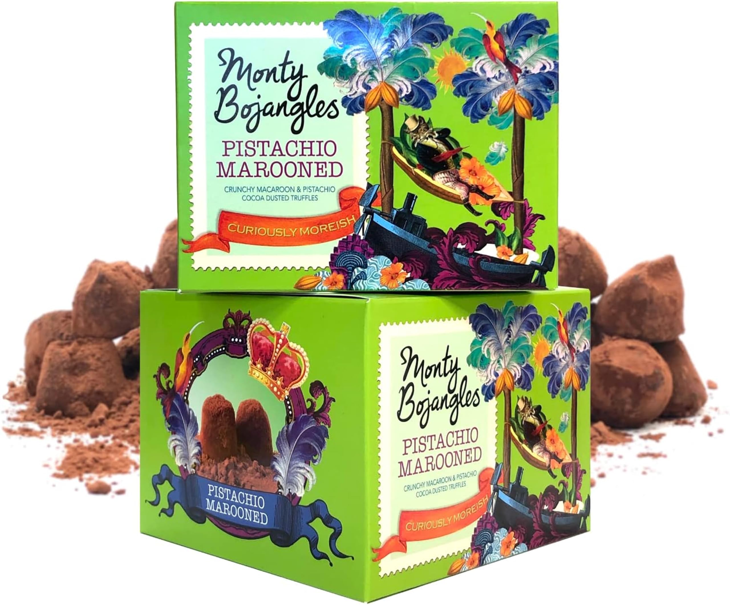 Monty Bojangles Pistachio Marooned Cocoa Dusted Chocolate Truffles (2 x 150g Chocolate Gift Box) - Macaroon & Pistachio Flavoured Chocolatey Truffles - Award Winning Luxury Chocolates Gift Set
