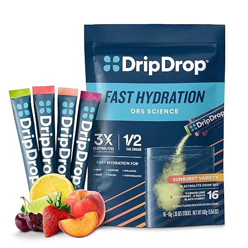 DripDrop Hydration Packets - Sunburst Variety Pack - Single Serve Electrolytes Powder Drink Mix - Lemon Lime, Strawberry, Peach, Black Cherry - Non-GMO, Gluten Free, Vegan - 16 Sticks - Sunburst Variety Pack - 16 Count