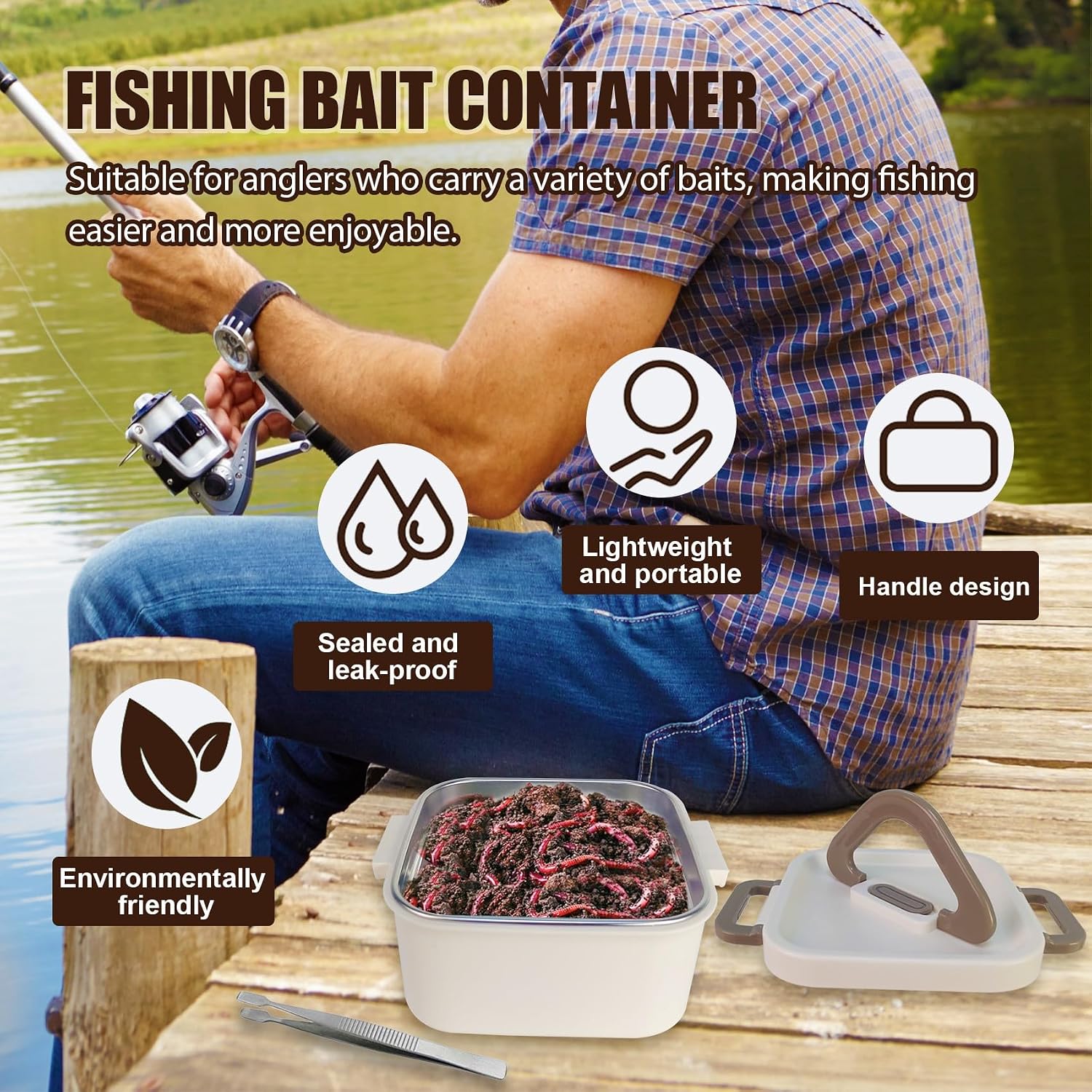 Aventik Fishing Bait Container Organizer with Handle Insulated Breathable Live Bait Box Stainless Steel Worm Storage Tank for Nightcrawlers Keeps Bait Fresh and Alive(square 700ml)