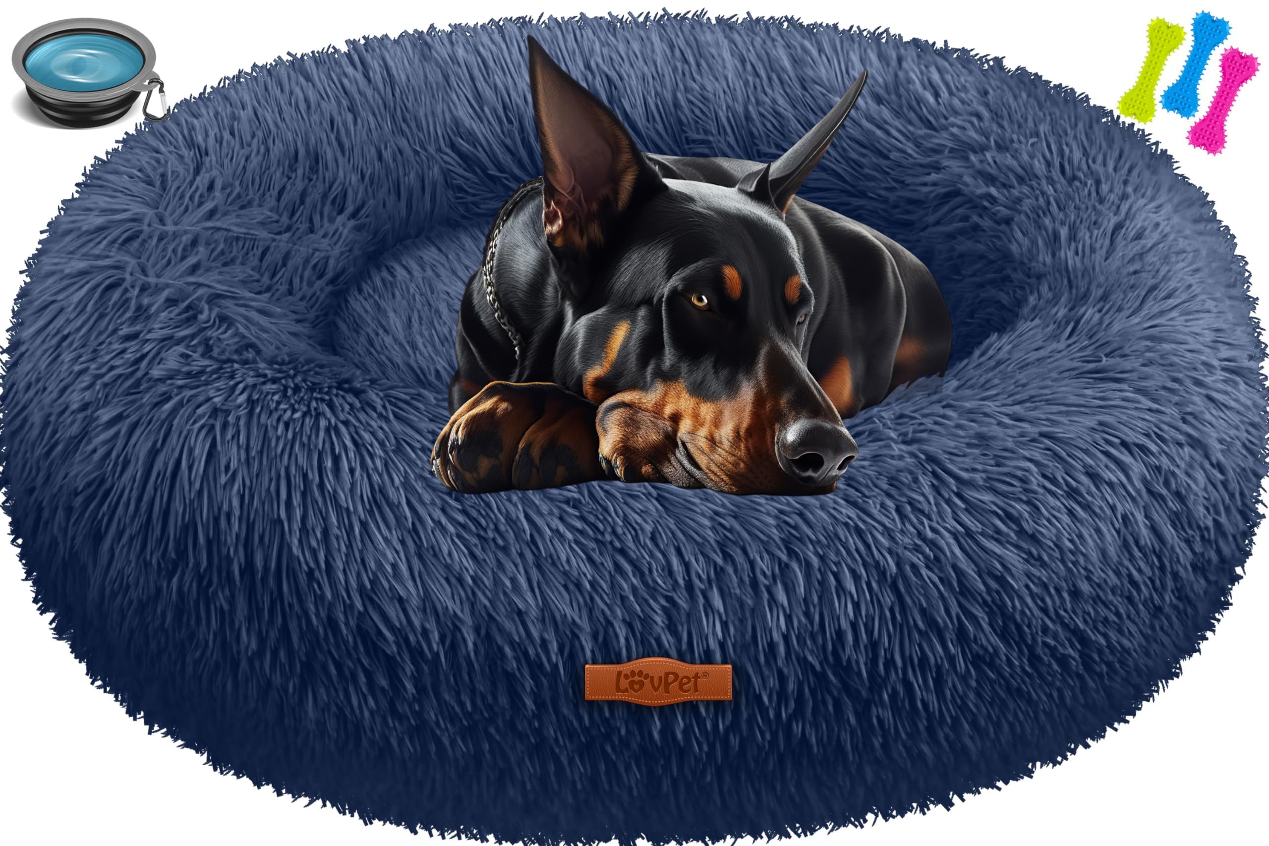 Lovpet® Letto per Cani e Gatti Bagel Ø 120 cm - (4XL), Lavabile, incl. Ciotola + 3X Ossi da Masticare, Divano in Peluche per Cani di Piccola, Media e Grande Taglia, Gatti - Blu Marino