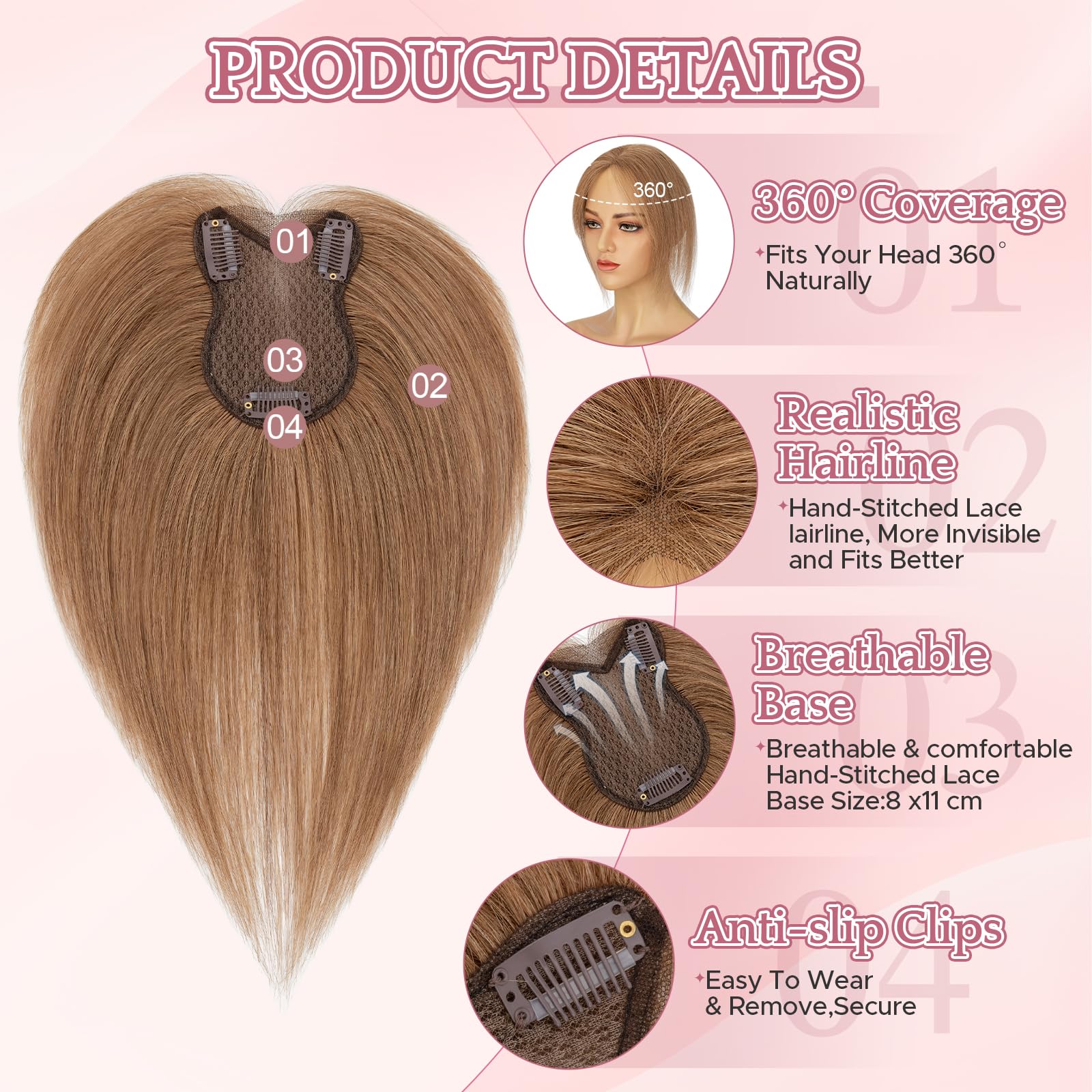 SEGOHAIR Hair Toppers for Women Human Hair Double-Layer Hand-Stitched 360°3D Coverage Lightweight - Image 4