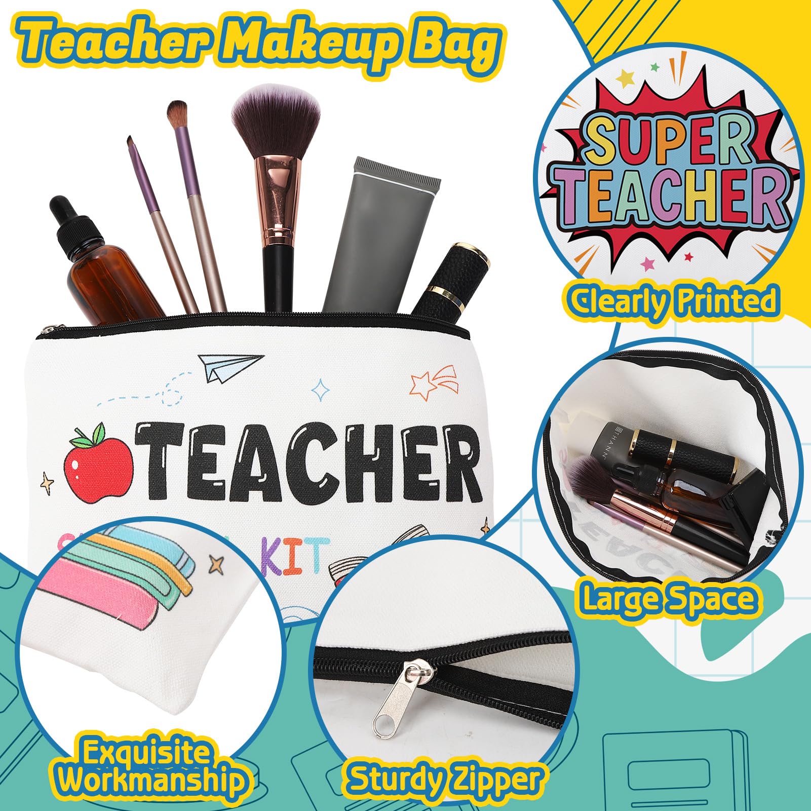 52 Pcs Teacher Appreciation Gifts Bulk 10 Set Thank You Teachers Gifts 16oz Plastic Cups with Lid Makeup Bags Bookmarks Pens Sticky Note Pads for Graduation Teacher’s Day Back to School