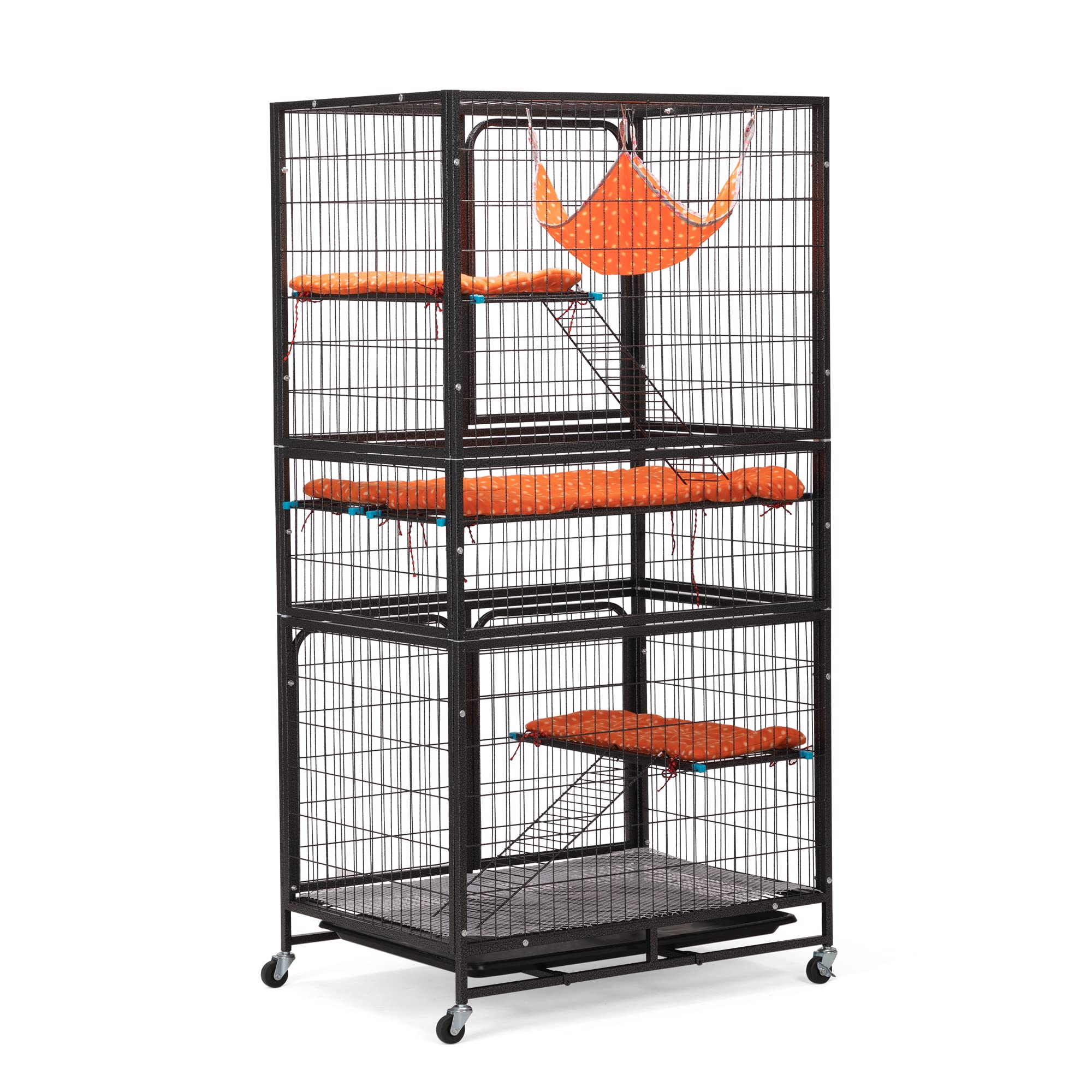 GOWE 4-Story Pet Cage, Bunny Hutch with Ladder, Lockable Wheels and Removable Tray, Black and Orange