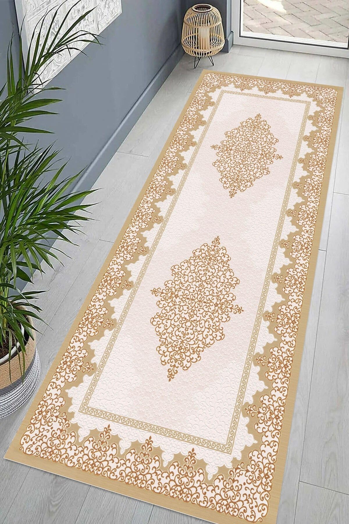 Pelangi Osmanlı Desen Göbekli Dijital Baskı Yıkanabilir Kaymaz Taban Klasik Salon Halı ve Yolluk, Bej 100 x 350, 95543251003507