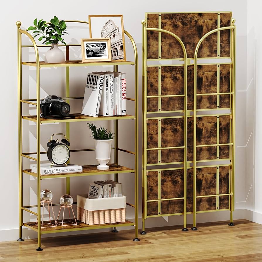 VECELO 5-Shelf Bookcase, No-Assembly Folding-Bookshelf, Industrial Standing Racks Study Organizer With Metal Frame, Brown 2