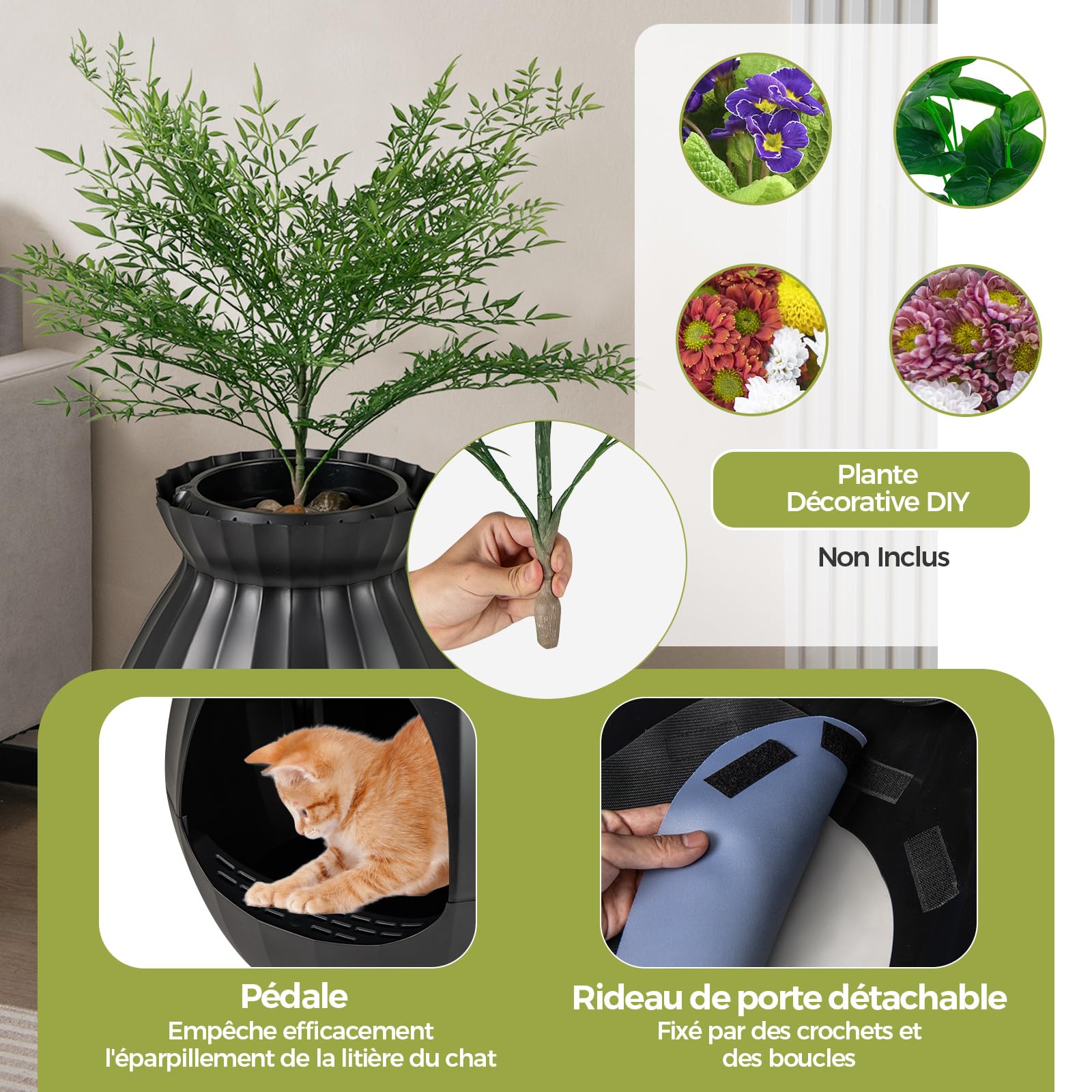 COSTWAY Bac Litiere pour Chat XXL avec Désodorisation Ionique, Grande Caisse Chat Litiere 63L avec Plante Artificielle Verte, Galets, Rideau, Pelle à Litière, Maison de Toilette pour Chaton (Noir)