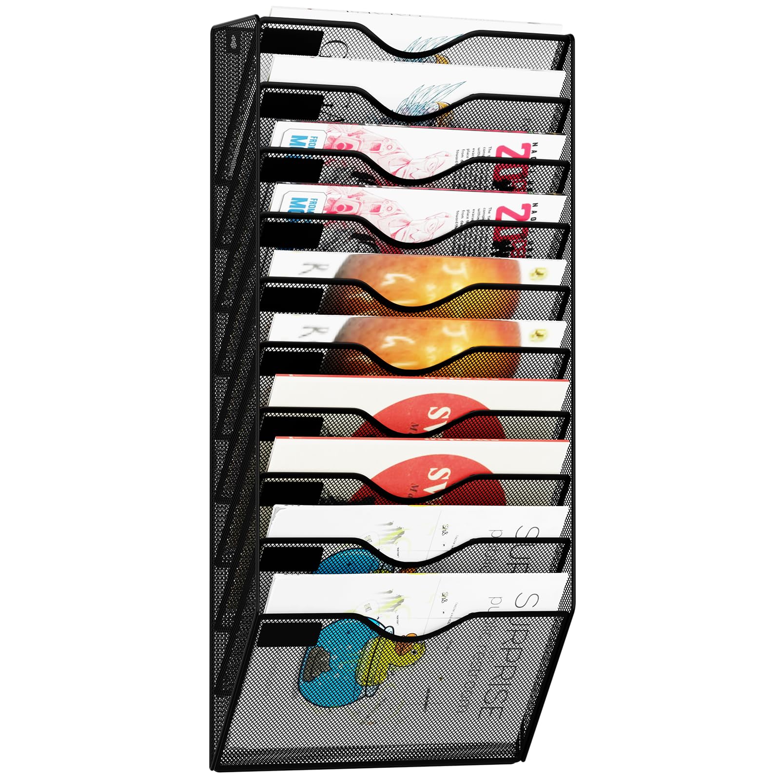 10 Pockets Hanging Wall File Organizer Mail Holder, Wall Mounted Paper Document Folder Holder, Clipboard Storage Organization Magazine Rack, Black