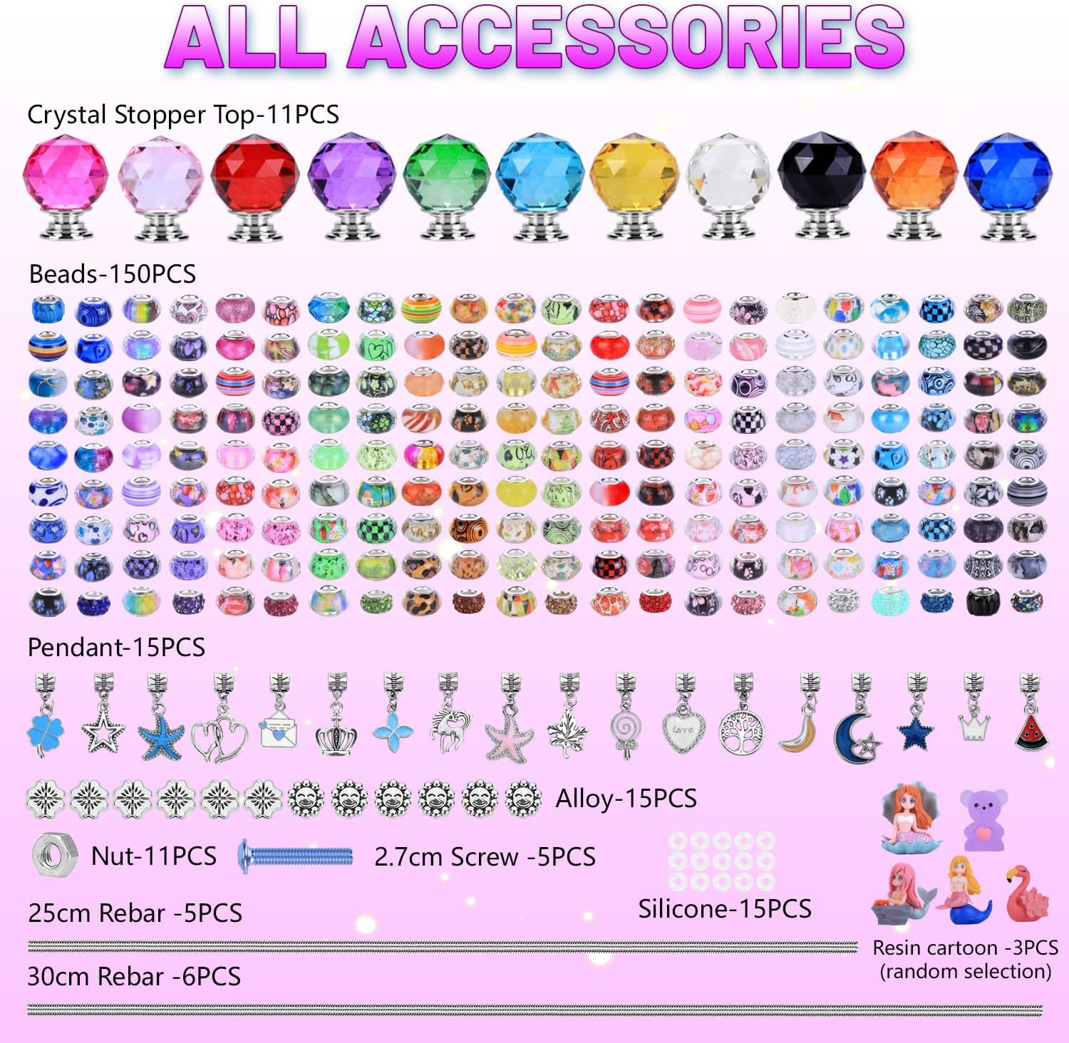 AIPRIDY 238 Pcs DIY Fairy Wand Garden Stakes Kit,Multiple Color Scheme European Beads Crystal Diamond Tops and 12 or 10 Inch Threaded Rods,Stainless Steel Stakes with Diamond Toppe (Lighted Globes) - Image 3