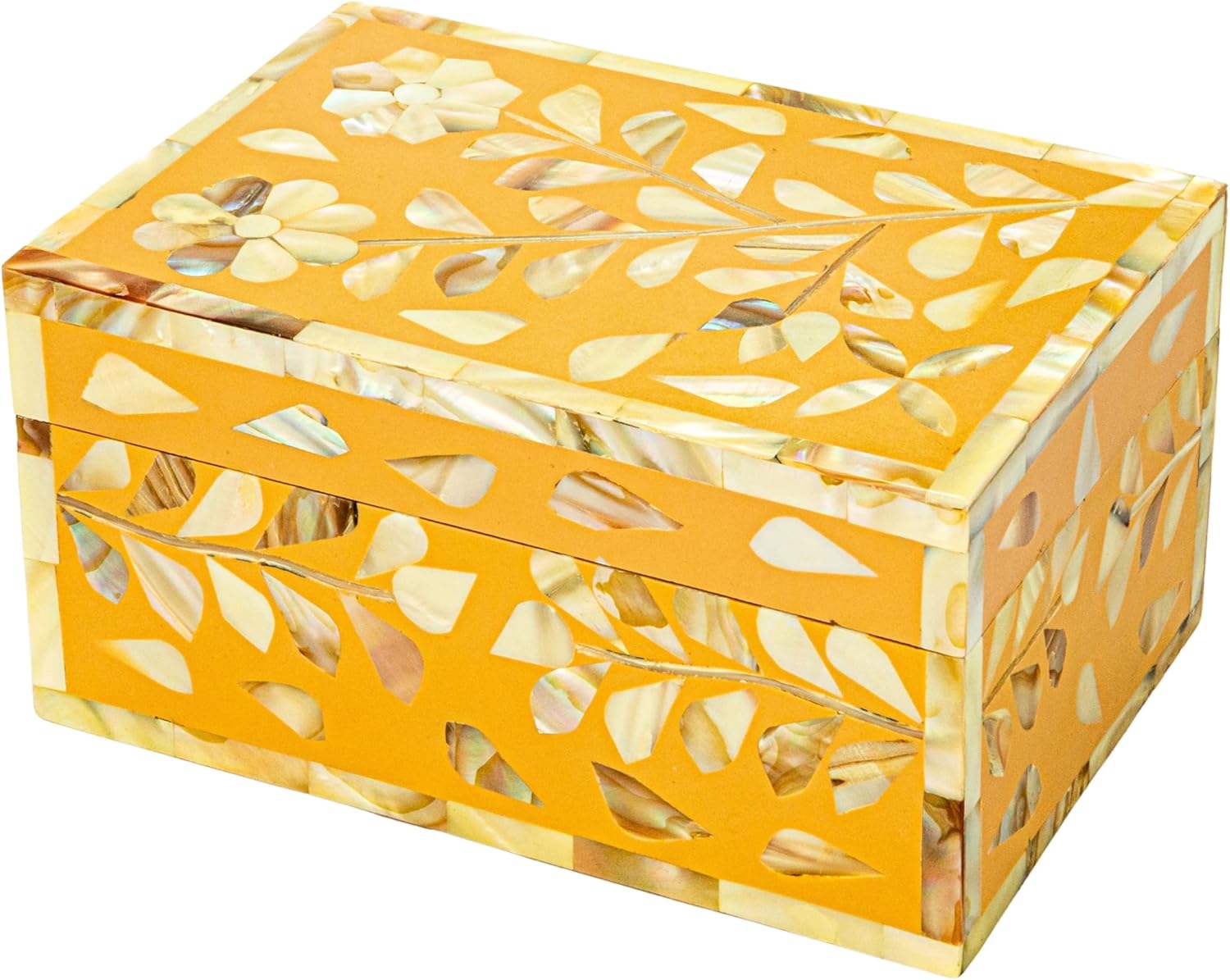 Creative Co-Op Mother of Pearl and Reclaimed Wood Box with Floral Design, Multicolor