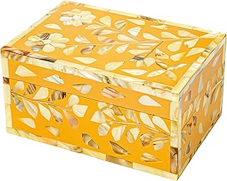 Creative Co-Op Mother of Pearl and Reclaimed Wood Box with Floral Design, Multicolor