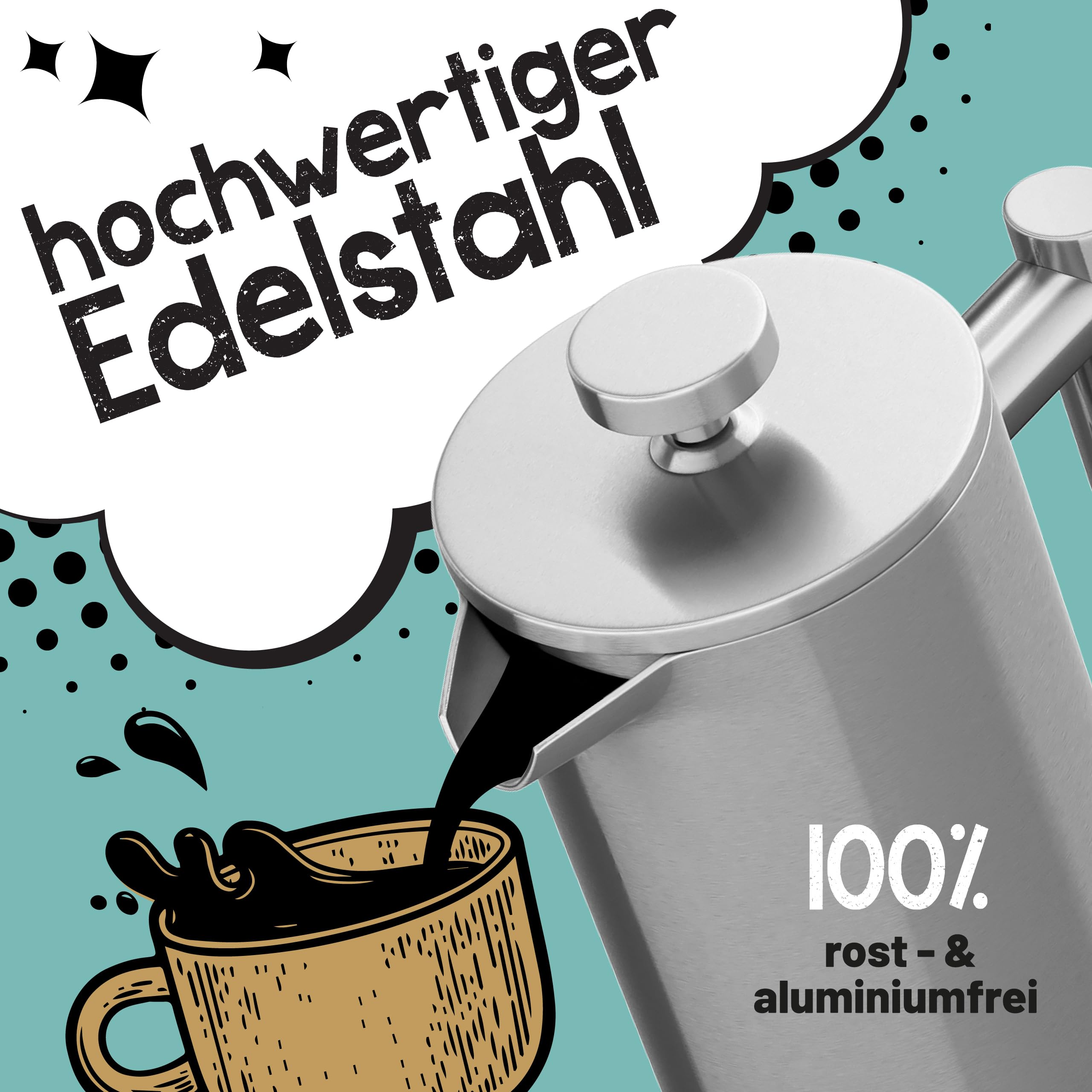 Morgenheld French Press Edelstahl 1 Liter – doppelwandig isolierte Stempelkanne mit 3 Ersatzfiltern – hält Kaffee 60+ Min. heiß – Kaffeebereiter für 4–5 Tassen, spülmaschinenfest
