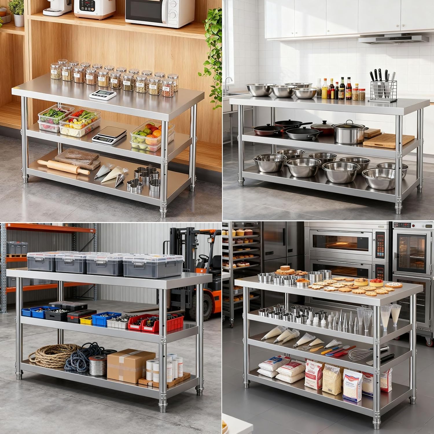 Three-Tier Kitchen Work Platform Open Stainless Steel Storage Rack Adjustable Legs Commercial Metal Preparation Table Easy to Install Suitable for Factory Packing Table(80x40x80cm/31.5x15.7x31.5”)