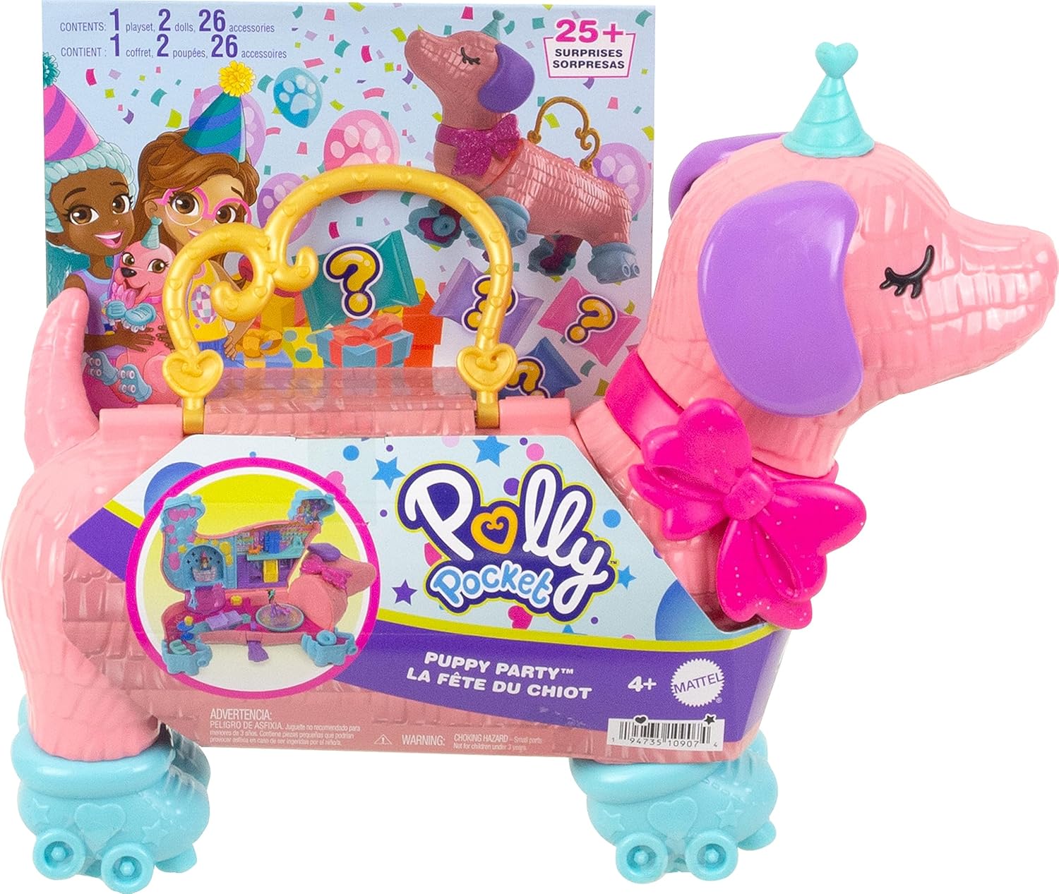 Polly Pocket 2-in-1 Travel Toy Playset, Puppy Party Large Compact with 2 Dolls & Birthday Accessories