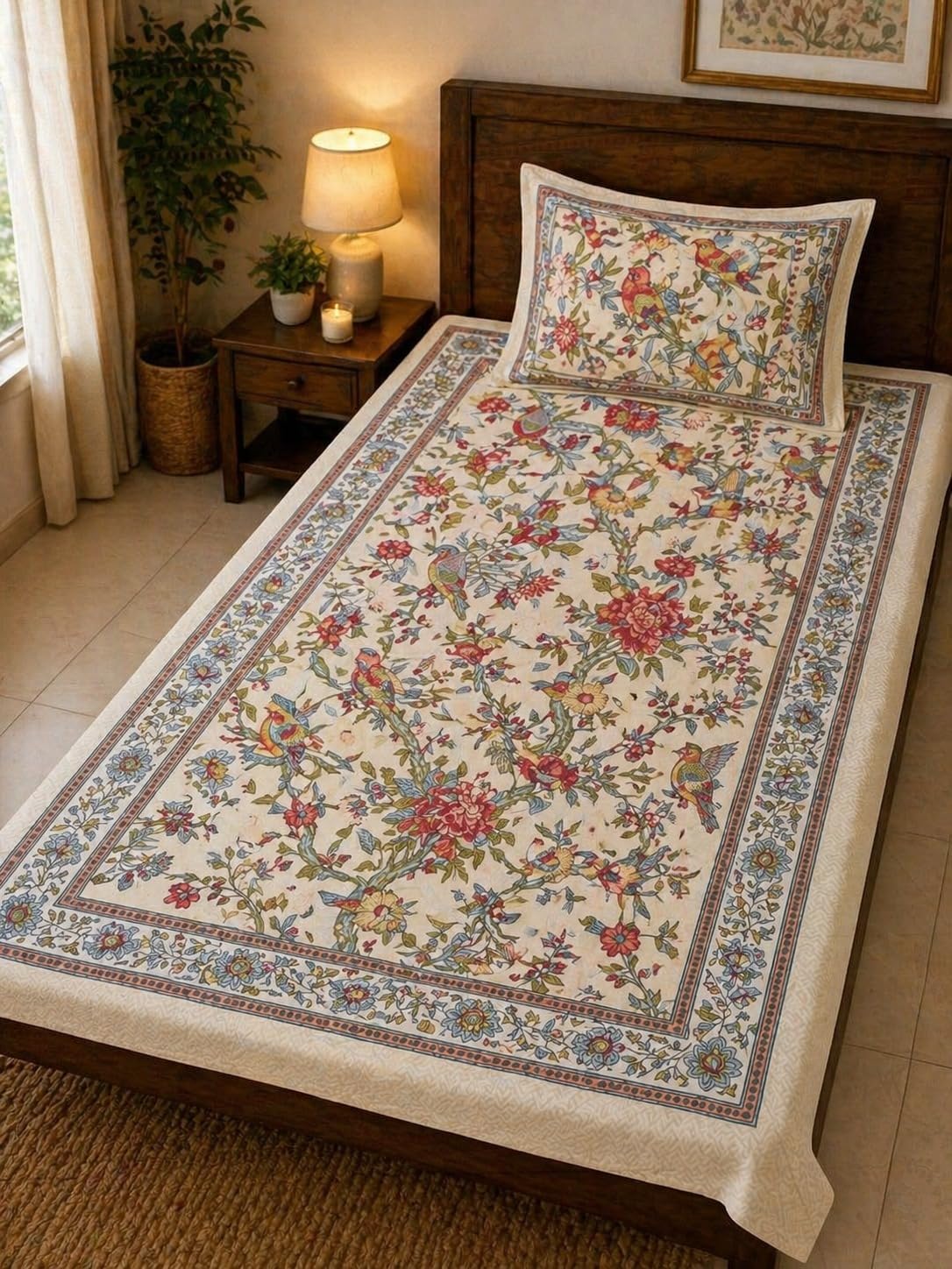 Mafatlal 144 TC Heritage Single Size Bedsheet | (90x60 inches) 100% Cotton Flatsheet Twin Size with Pillow Cover| Super Soft Bed Sheet | Floral Design | Beige-picture-22