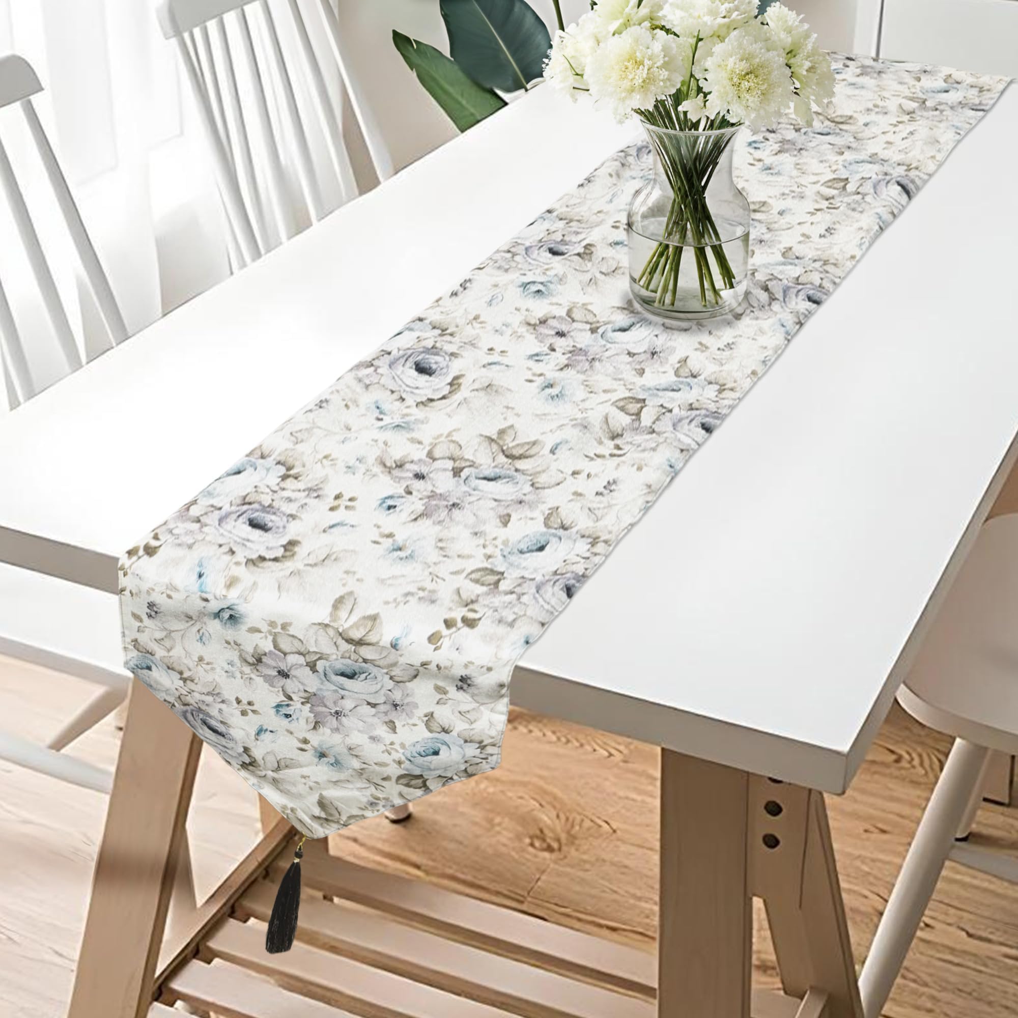 Kuber Industries 13x72 Inch Large Jute Table Runner for 6 Seater Dining Table | Centre Table Runner for Living Room, Patio and Home Decor | Gulab Design - Grey & Cream