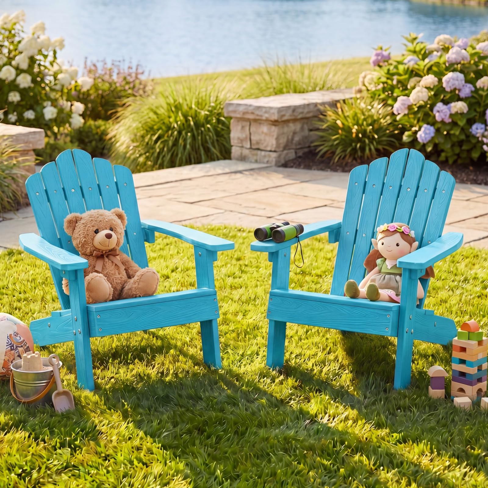 GIANTEX Kids Adirondack Chair, All-Weather HIPS Children's Outdoor Chair with Tilted High Backrest, Toddler Beach Chair for Garden Patio Backyard, Kids Lawn Chairs for Age 3-7 (2,Turquoise)