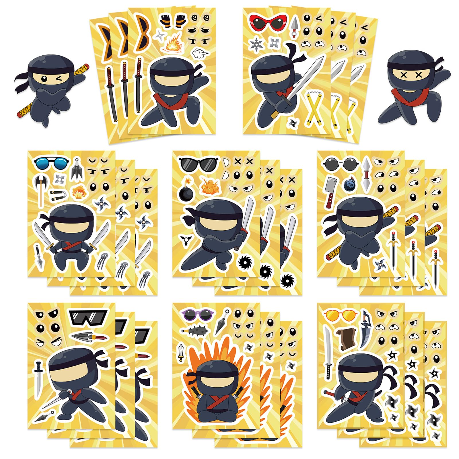 24 Sheets Ninja Stickers for Kids,Make A Face Ninja Party Favors,Vinyl Waterproof Stickers for Water Bottle Laptop Computer Phone Classroom Rewards,